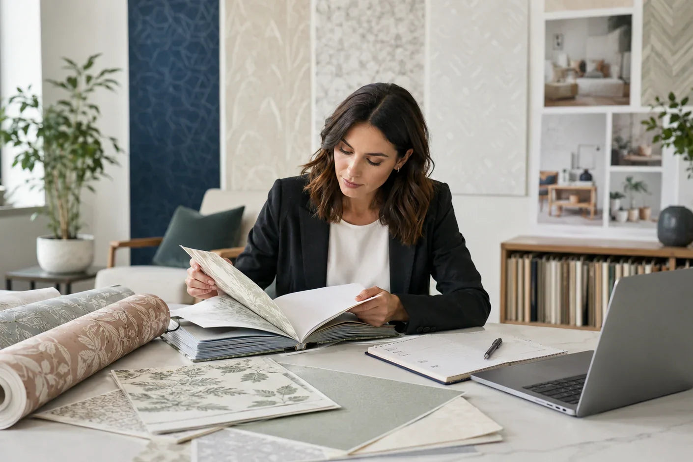 Retail buyer reviewing peel and stick wallpaper samples from a reliable wallpaper supplier