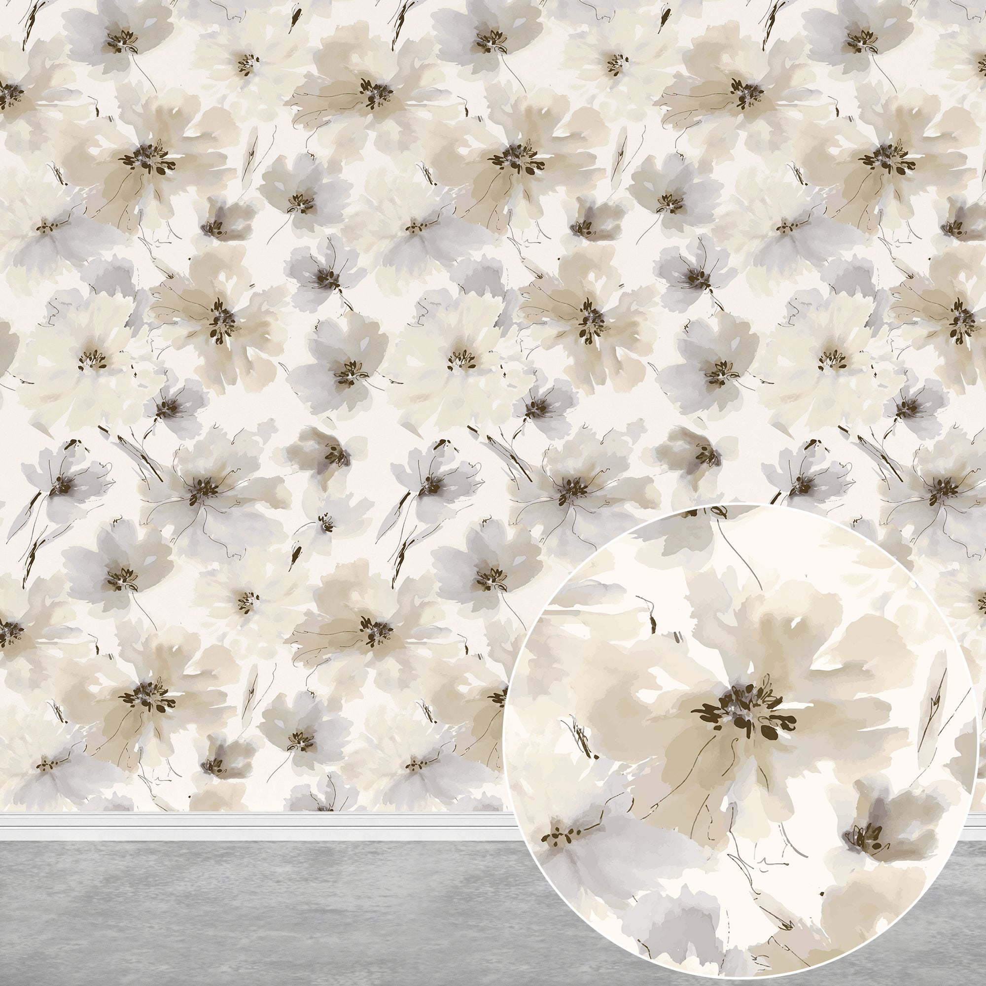 Biege Watercolor Flower Removable Peel and Stick Wallpaper