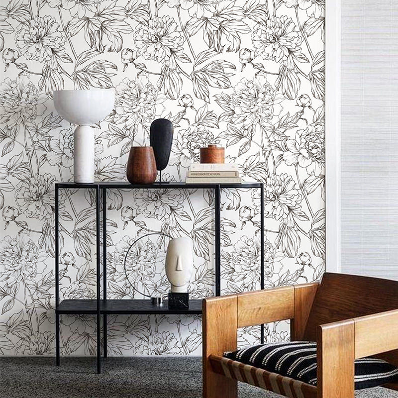 Line Art Peony Sketch Flower Peel and Stick Wallpaper