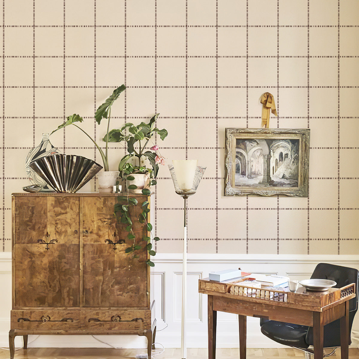 Cream Coffee Grid French Vintage Peel and Stick Wallpaper