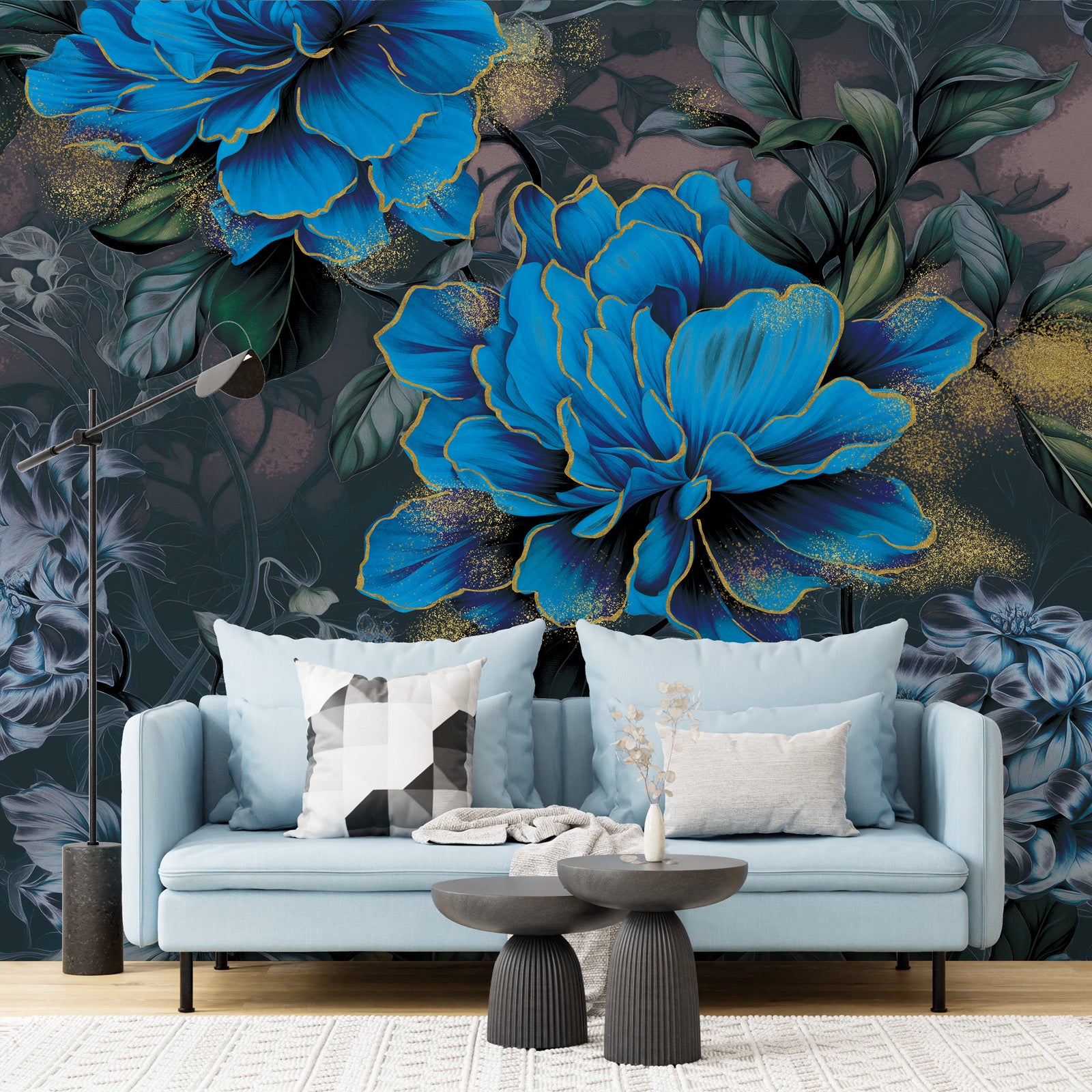 Blue Gold Floral Peel and Stick Wall Mural