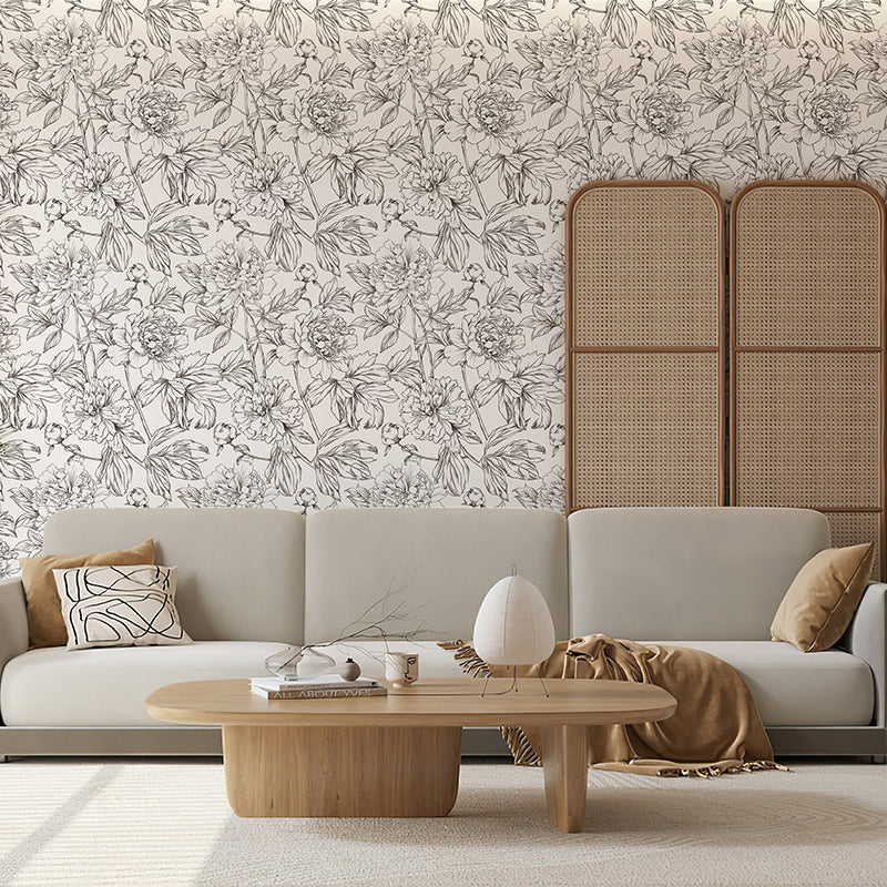 Line Art Peony Sketch Flower Peel and Stick Wallpaper