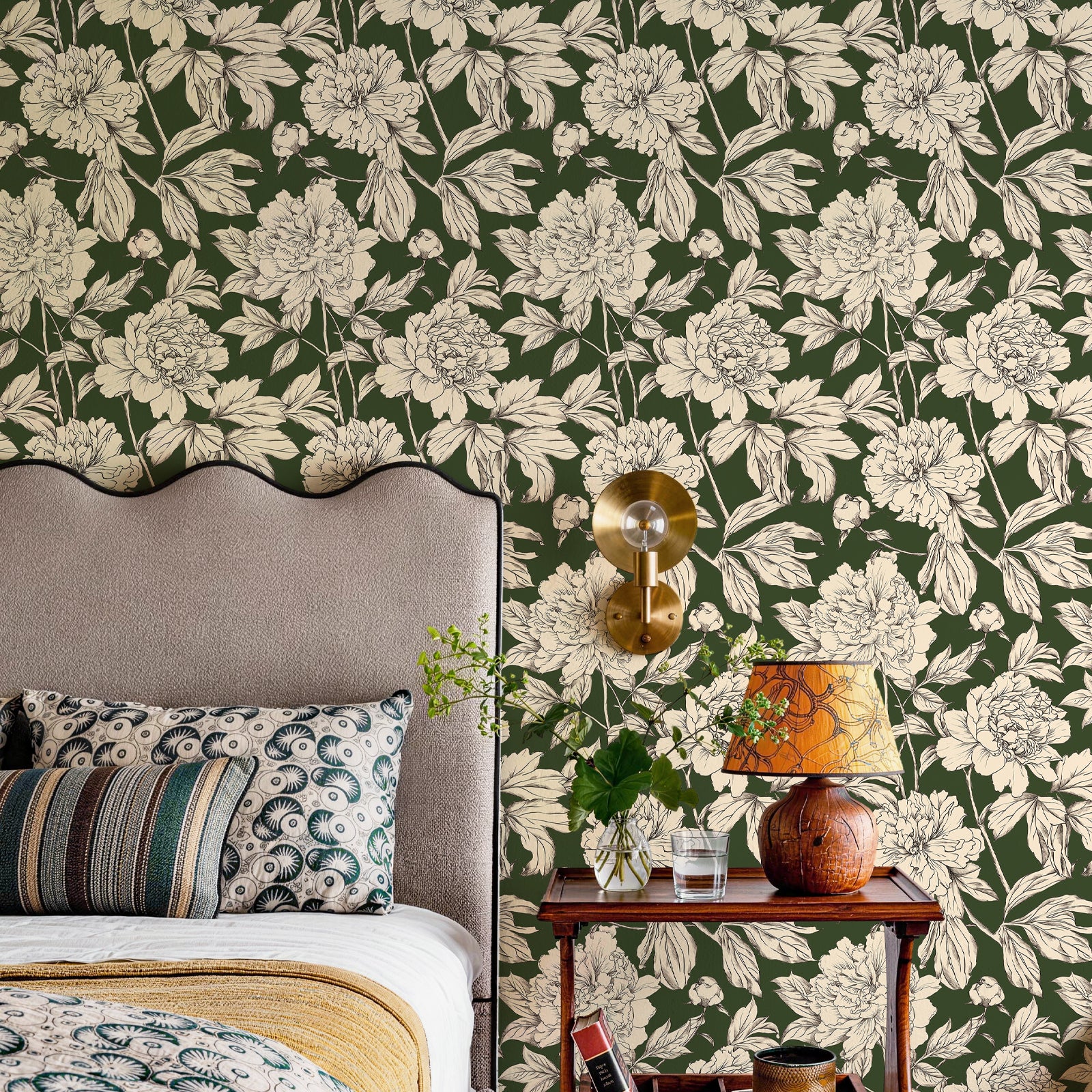 Peony Line Art Floral Peel and Stick Wallpaper