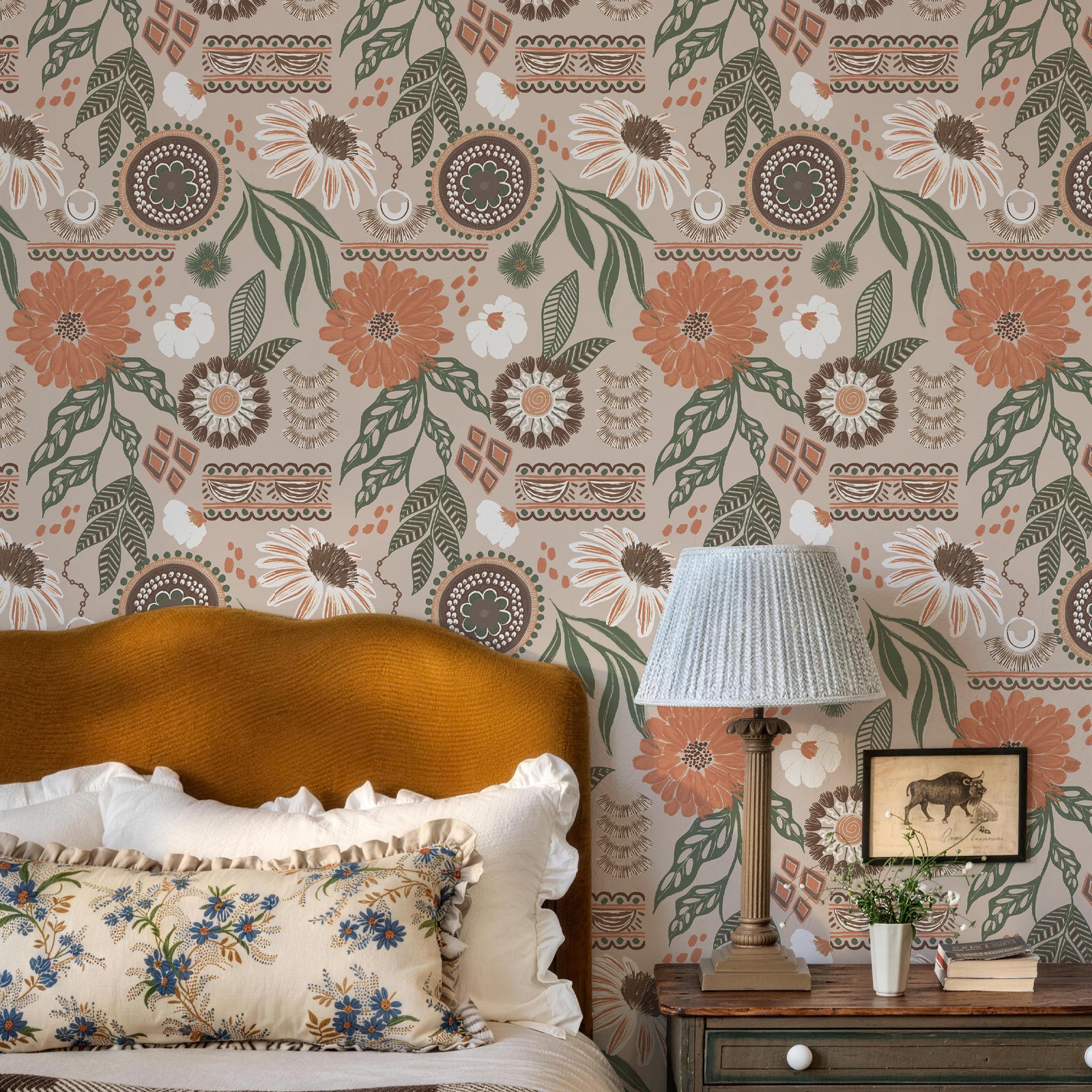 Bohemian-Style Sunflower and Floral Pattern Wallpaper