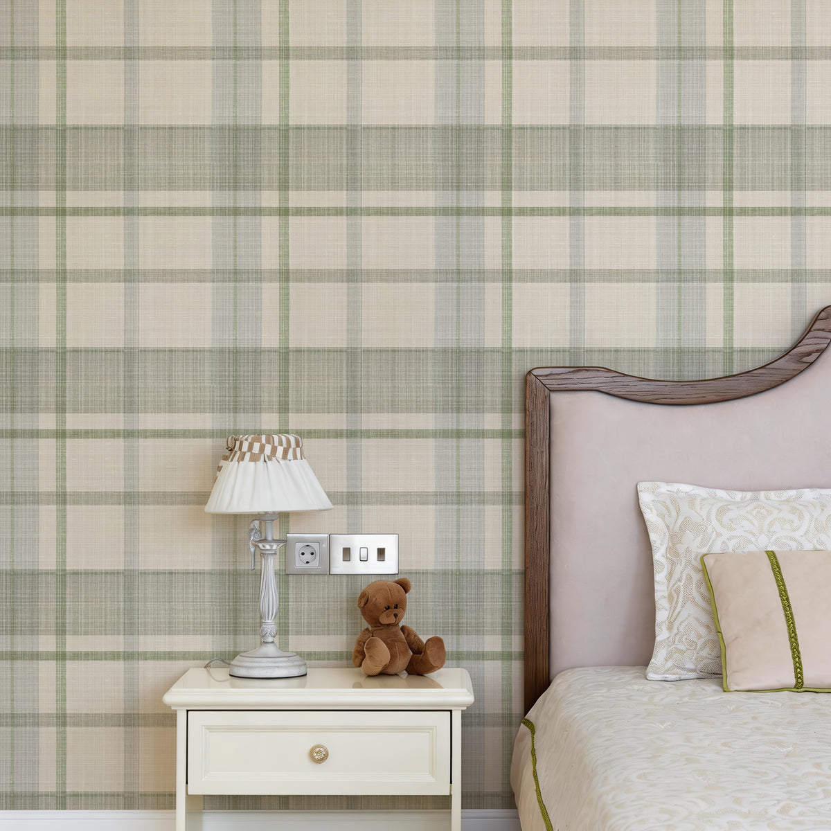 Sage Cream Woven Plaid Cottage Peel and Stick Wallpaper