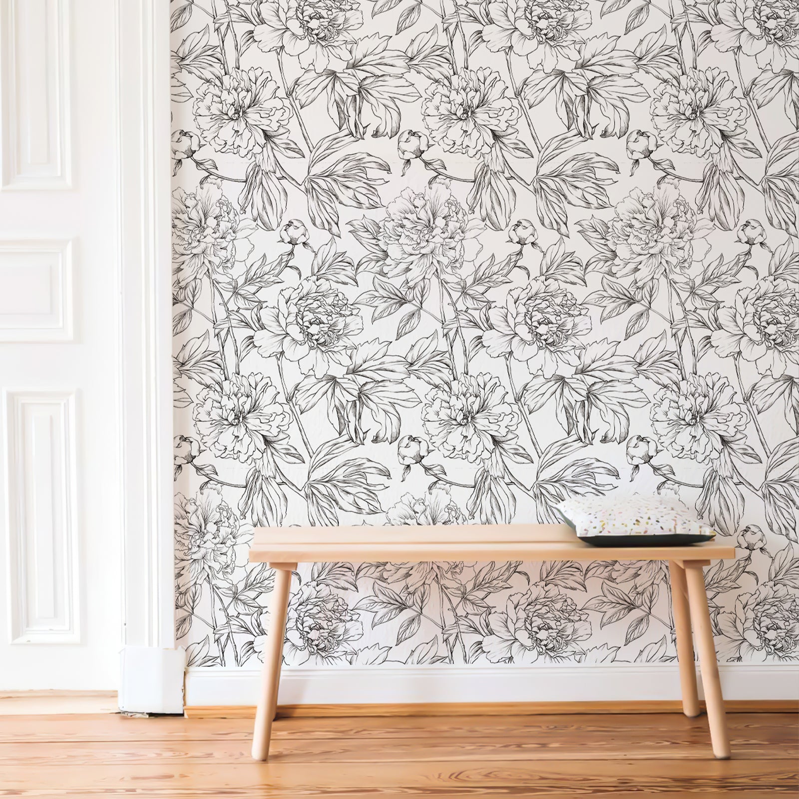 Green Floral Line Botanical Peel and Stick Wallpaper