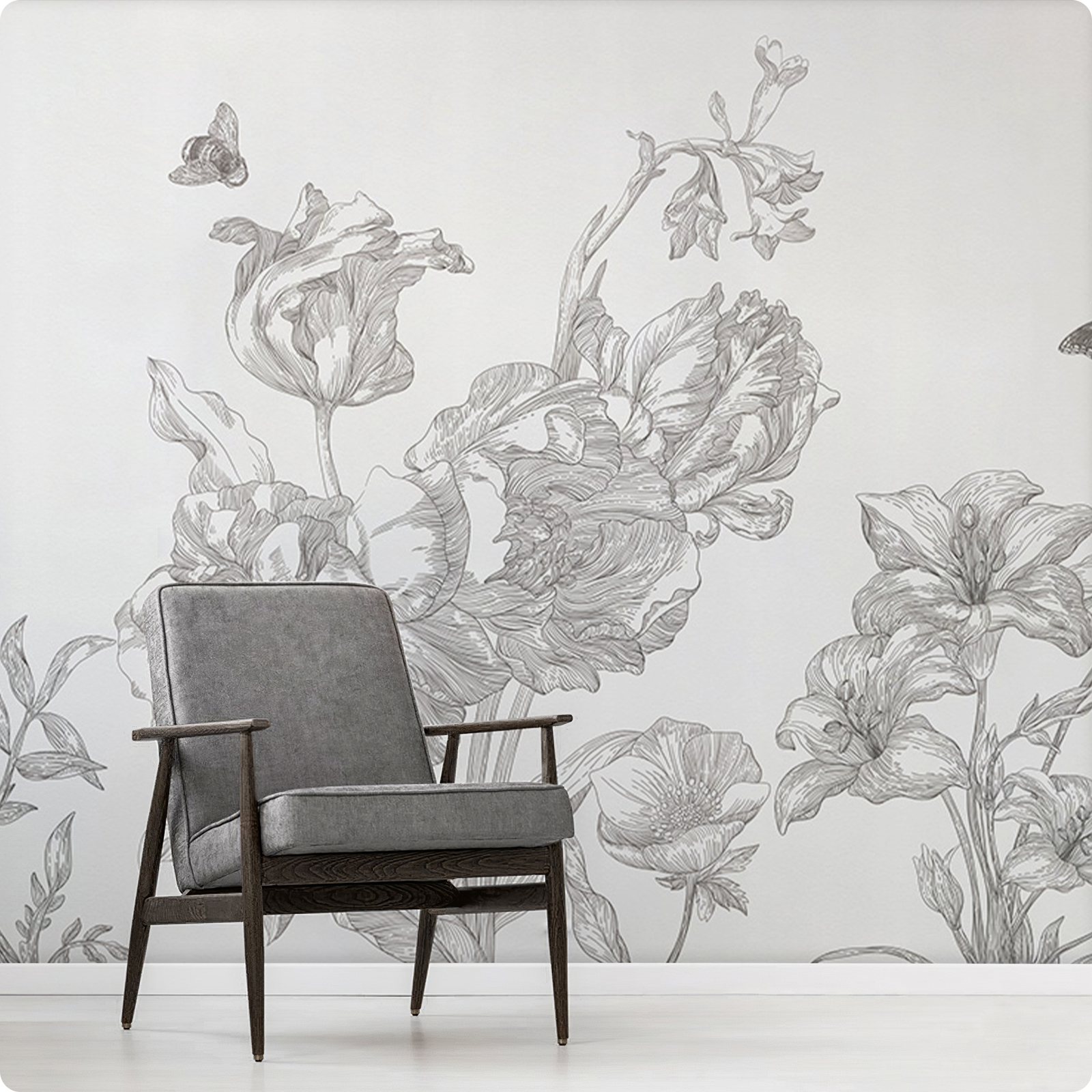 Black & White Line Floral Peel and Stick Wall Mural