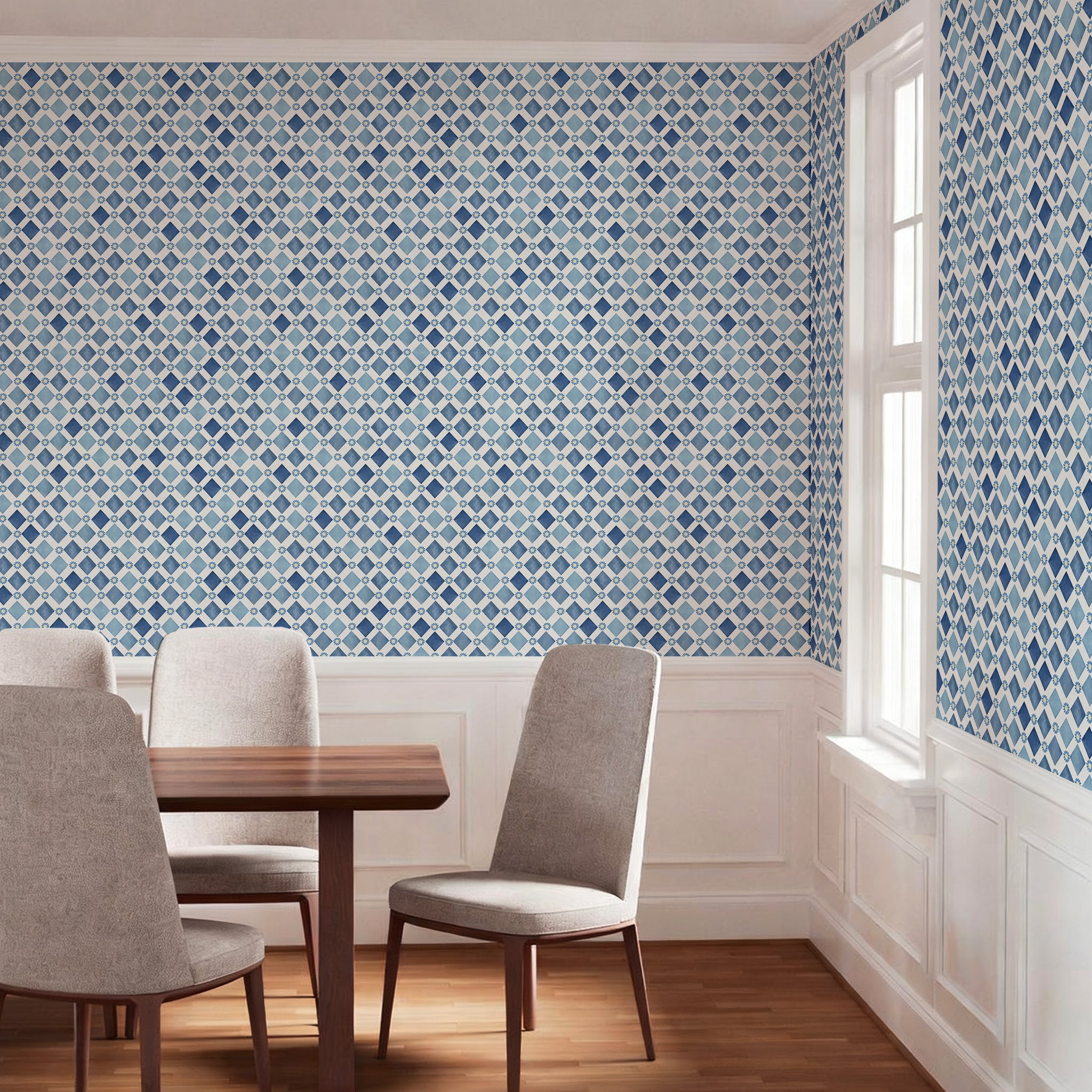 Retro blue-and-white diamond pattern Peel and Stick Wallpaper