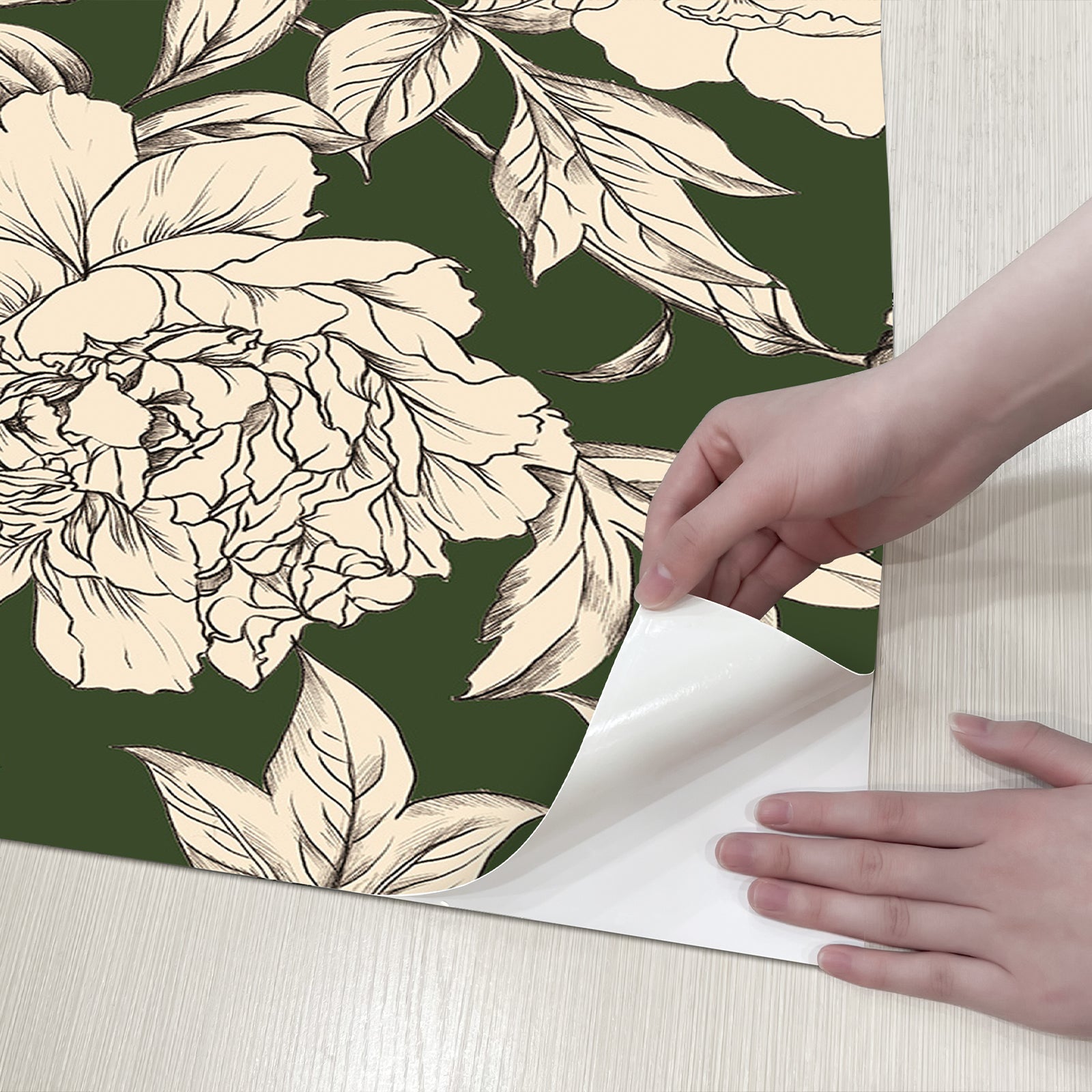 Green Floral Line Botanical Peel and Stick Wallpaper