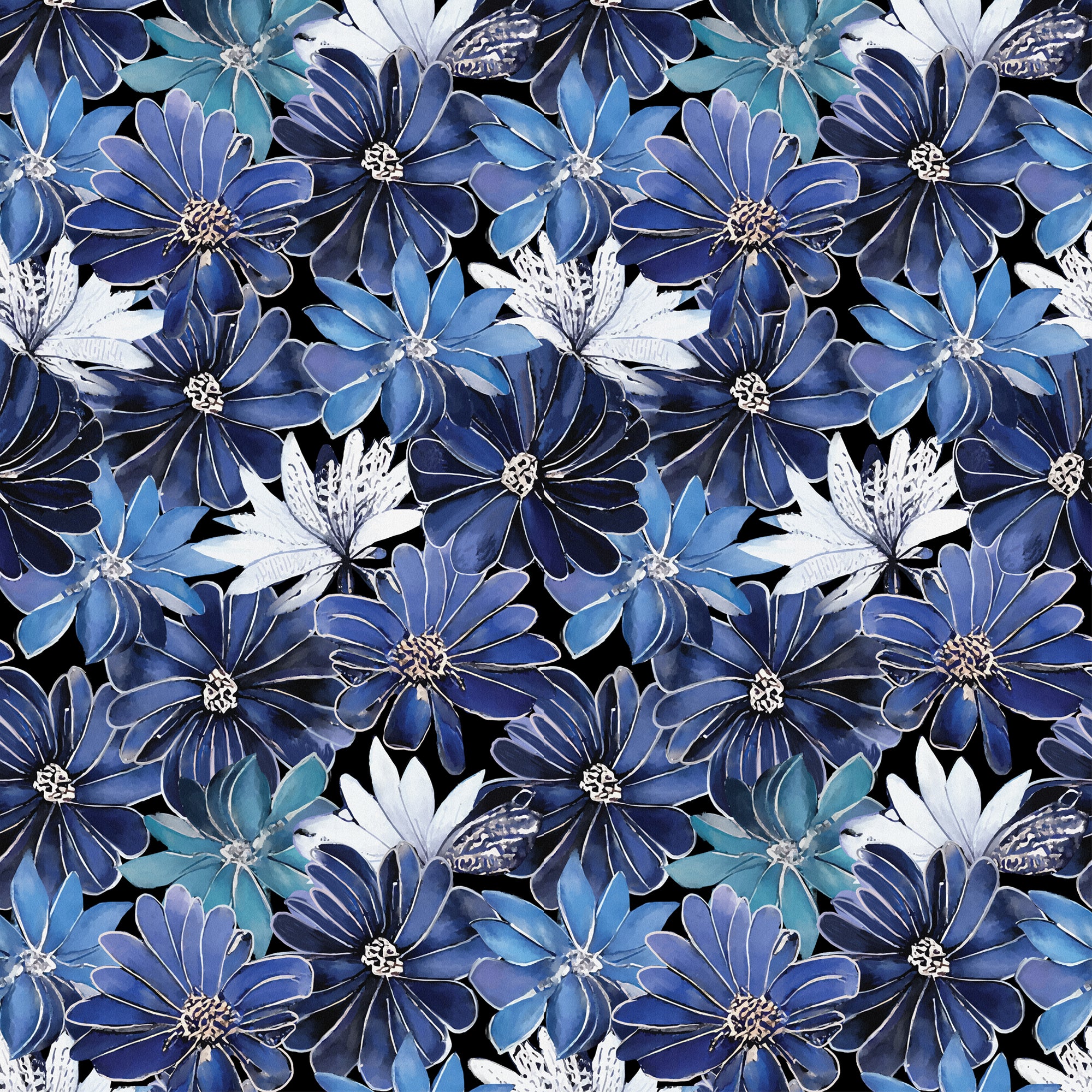 Blue enamel watercolor flowers Peel and Stick Wallpaper