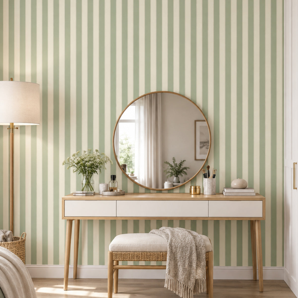 Sage Green Linen Texture Vertical Stripe Wallpaper