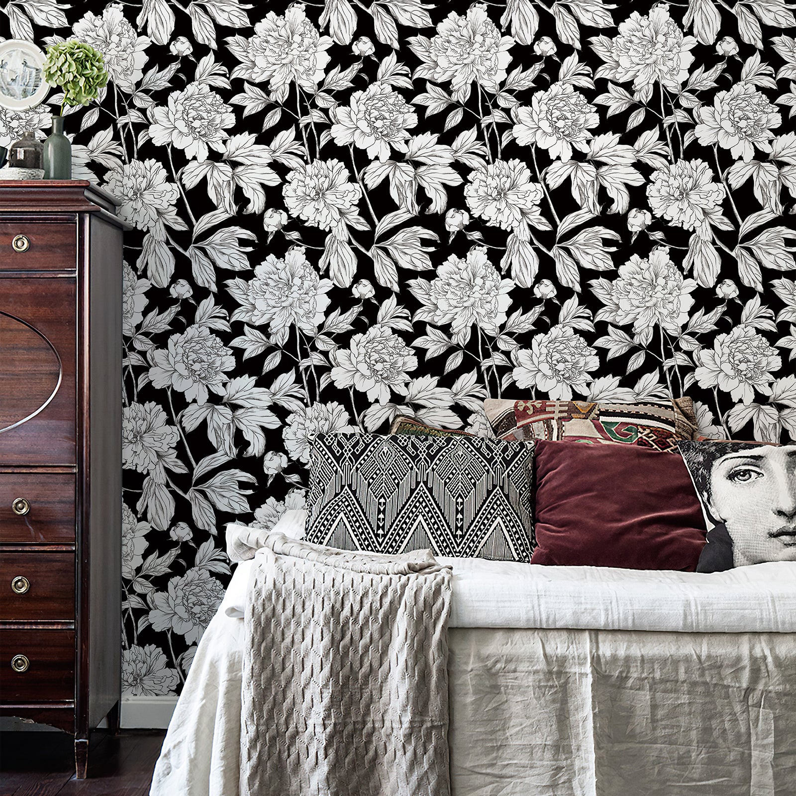 Green Floral Line Botanical Peel and Stick Wallpaper