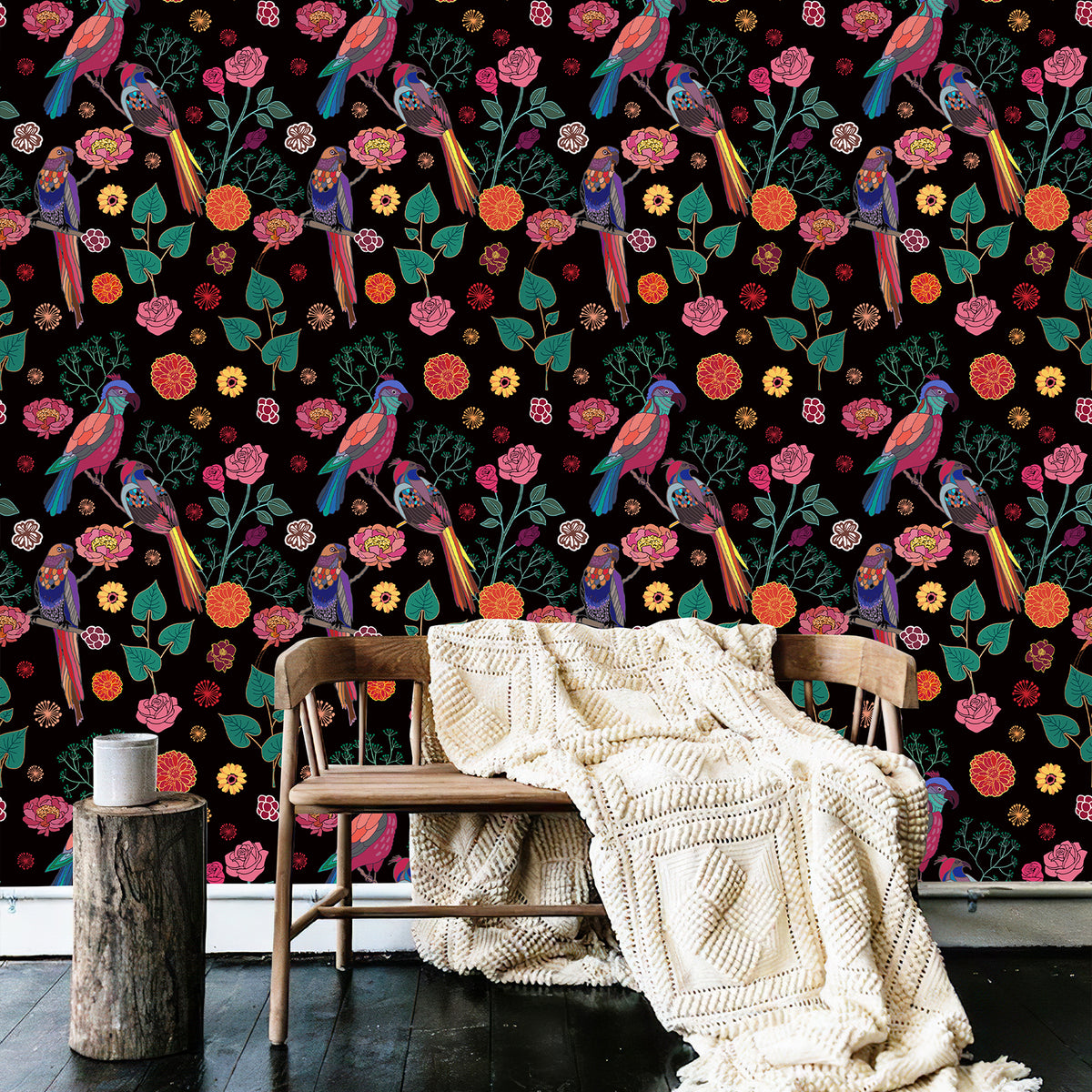 Papier peint pelable et autocollant vintage floral fraises et oiseaux
