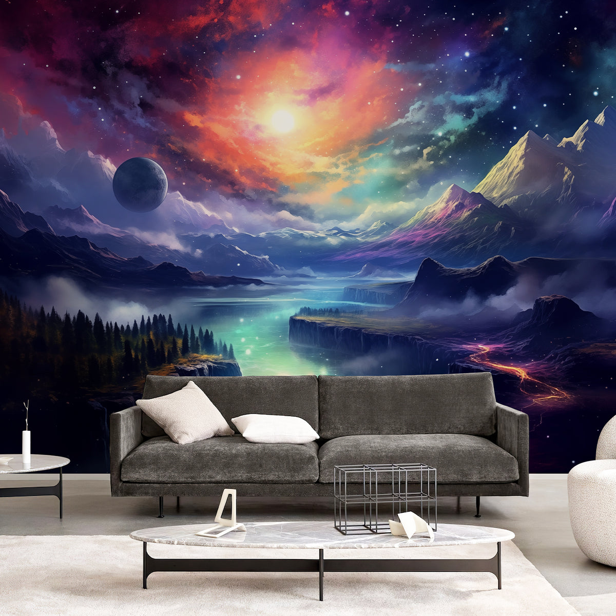Space nebula mountain wall mural applied to a modern living‑room background wall. The vibrant colourful cosmic landscape acts as a striking focal‑point for your lounge.