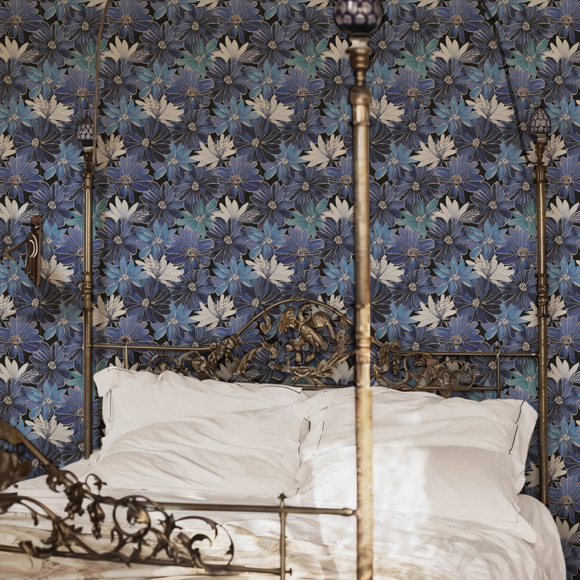 Blue enamel watercolor flowers Peel and Stick Wallpaper
