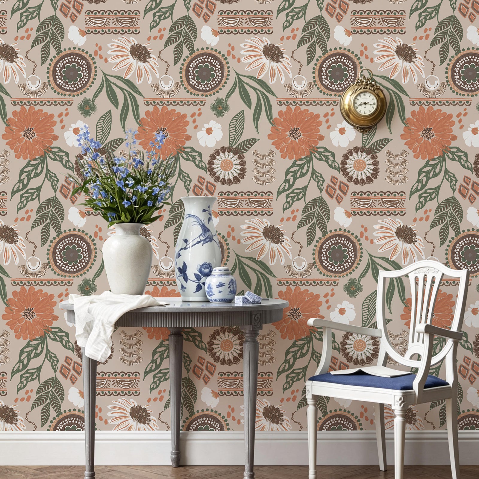 Bohemian-Style Sunflower and Floral Pattern Wallpaper