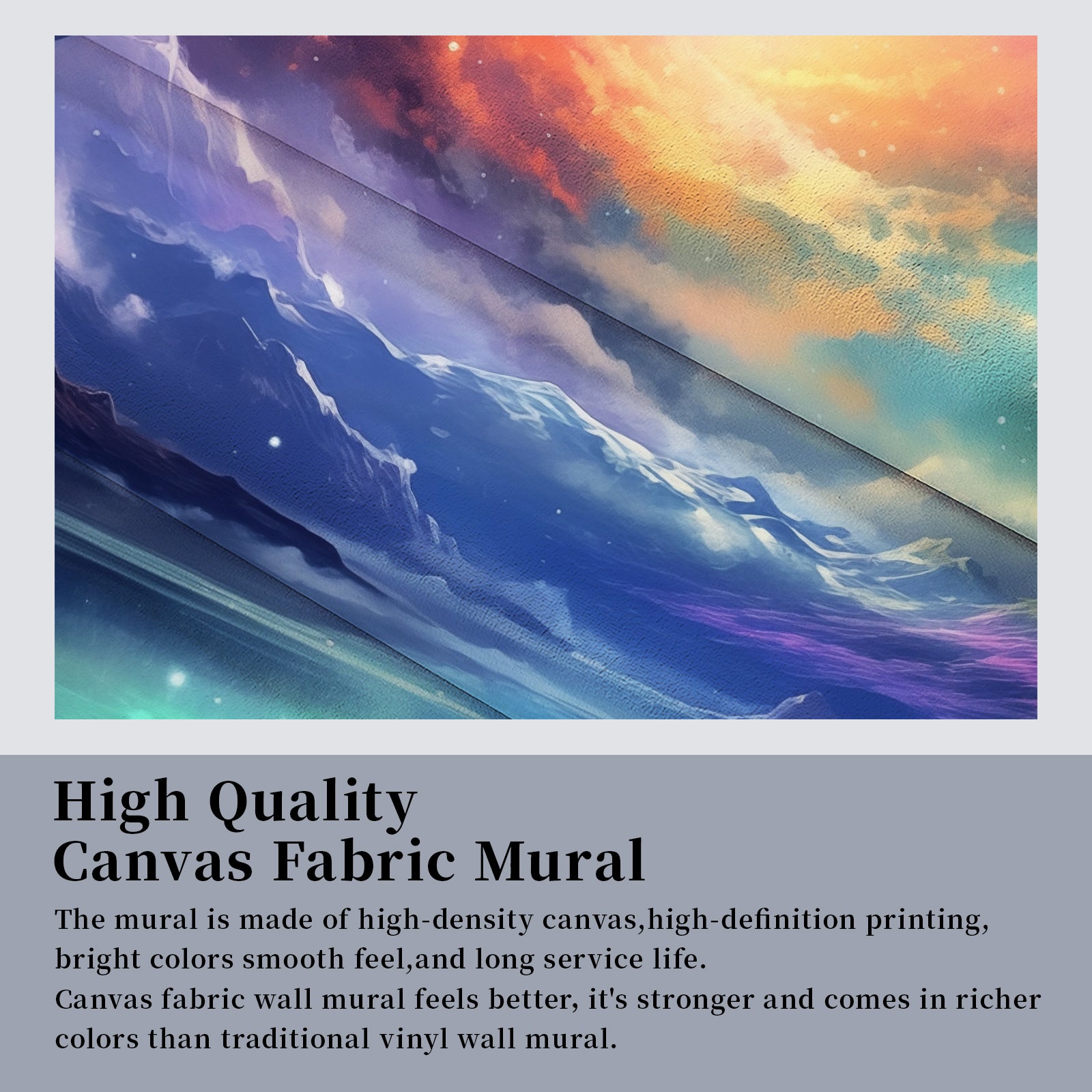 High‑quality canvas fabric display picture. Close‑up shot shows the fine grain texture of the canvas material and vibrant printing effect of the space mountain scenery.