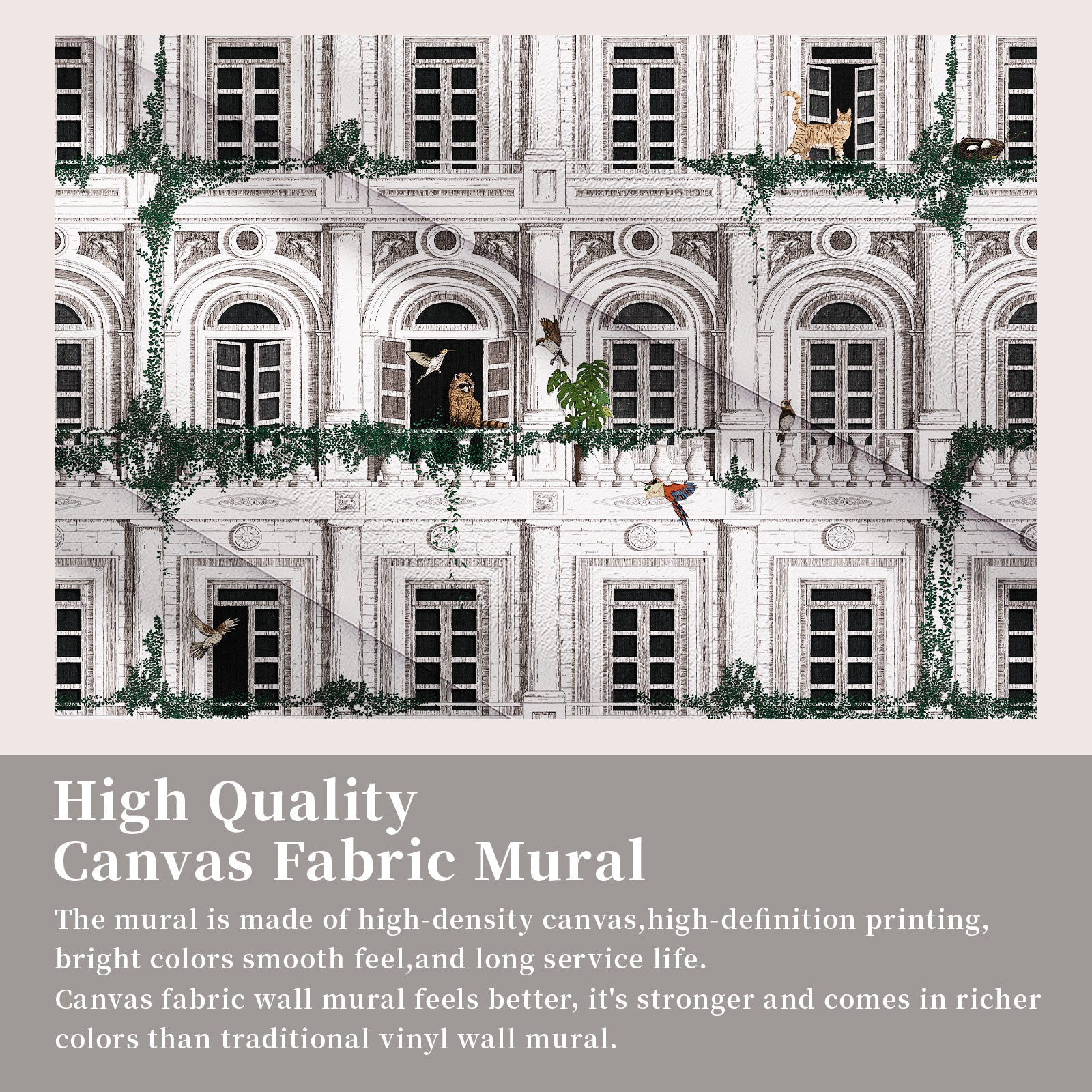 Classical Building with Plants and Animals Peel and Stick Wall Mural