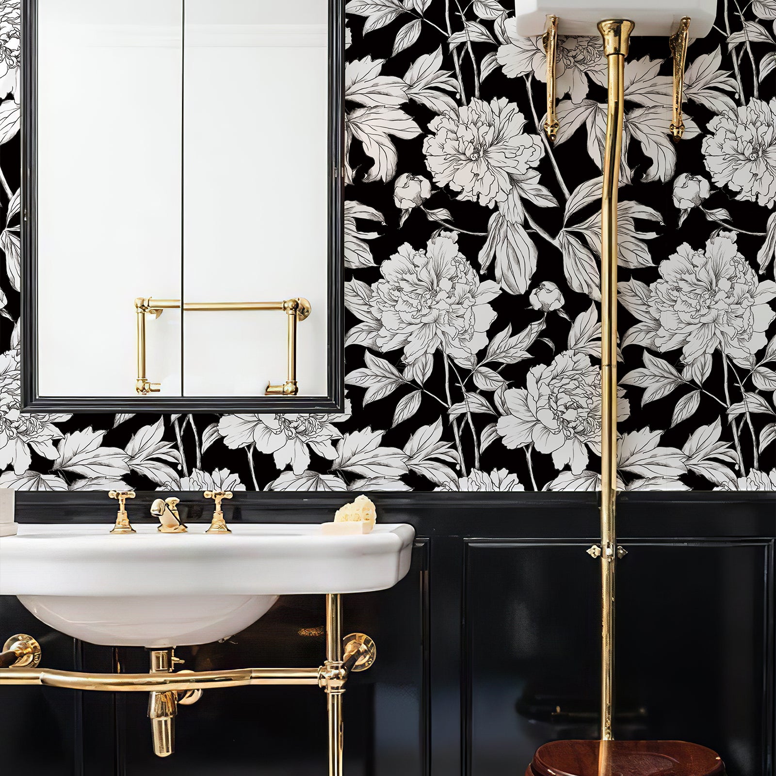 Green Floral Line Botanical Peel and Stick Wallpaper