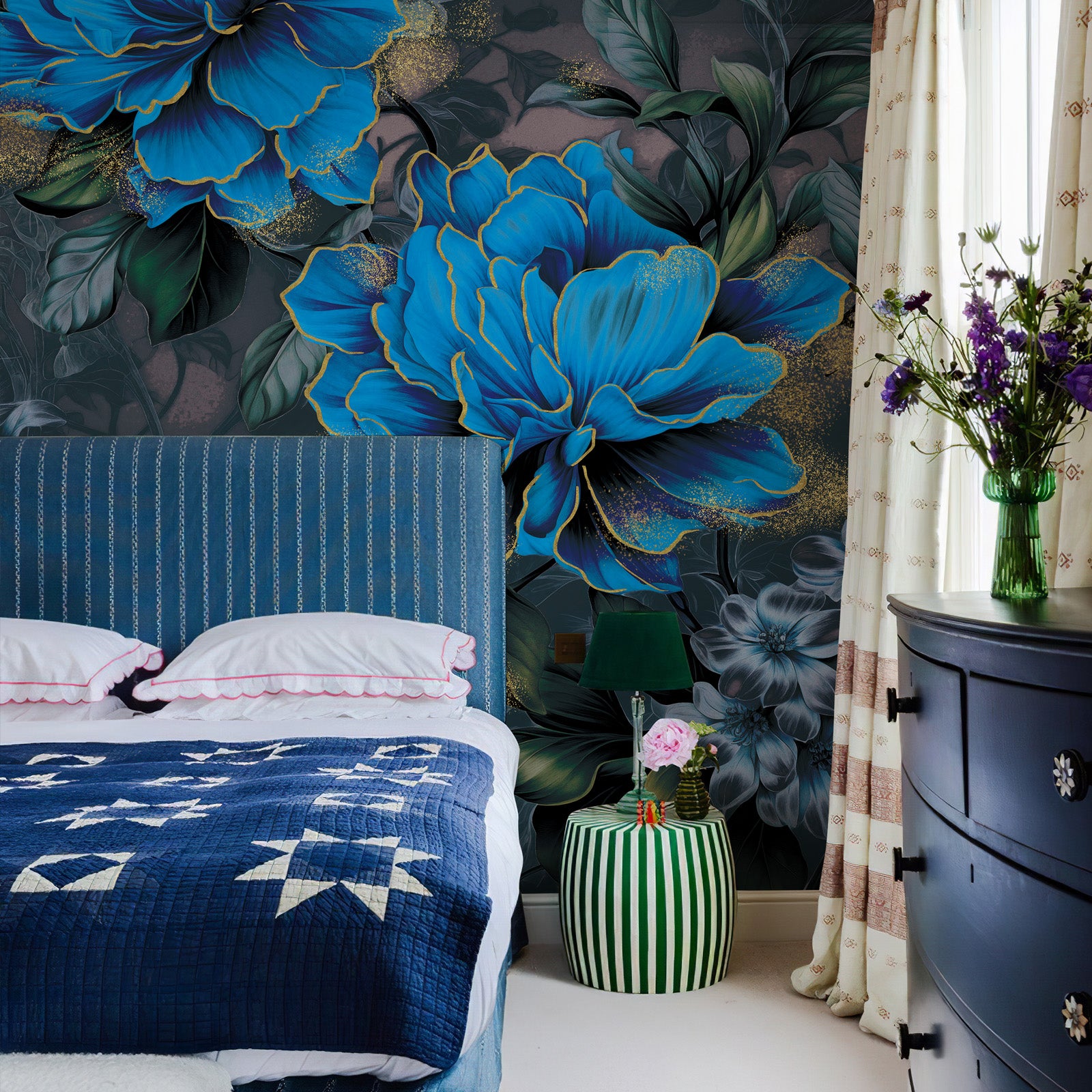 Blue Gold Floral Peel and Stick Wall Mural
