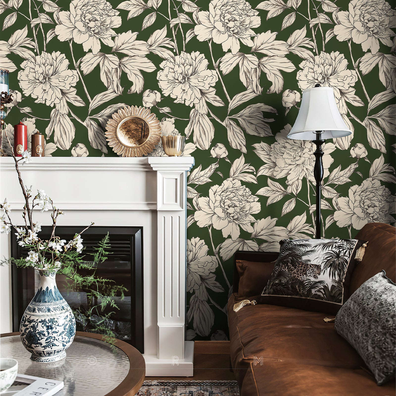Green Floral Line Botanical Peel and Stick Wallpaper