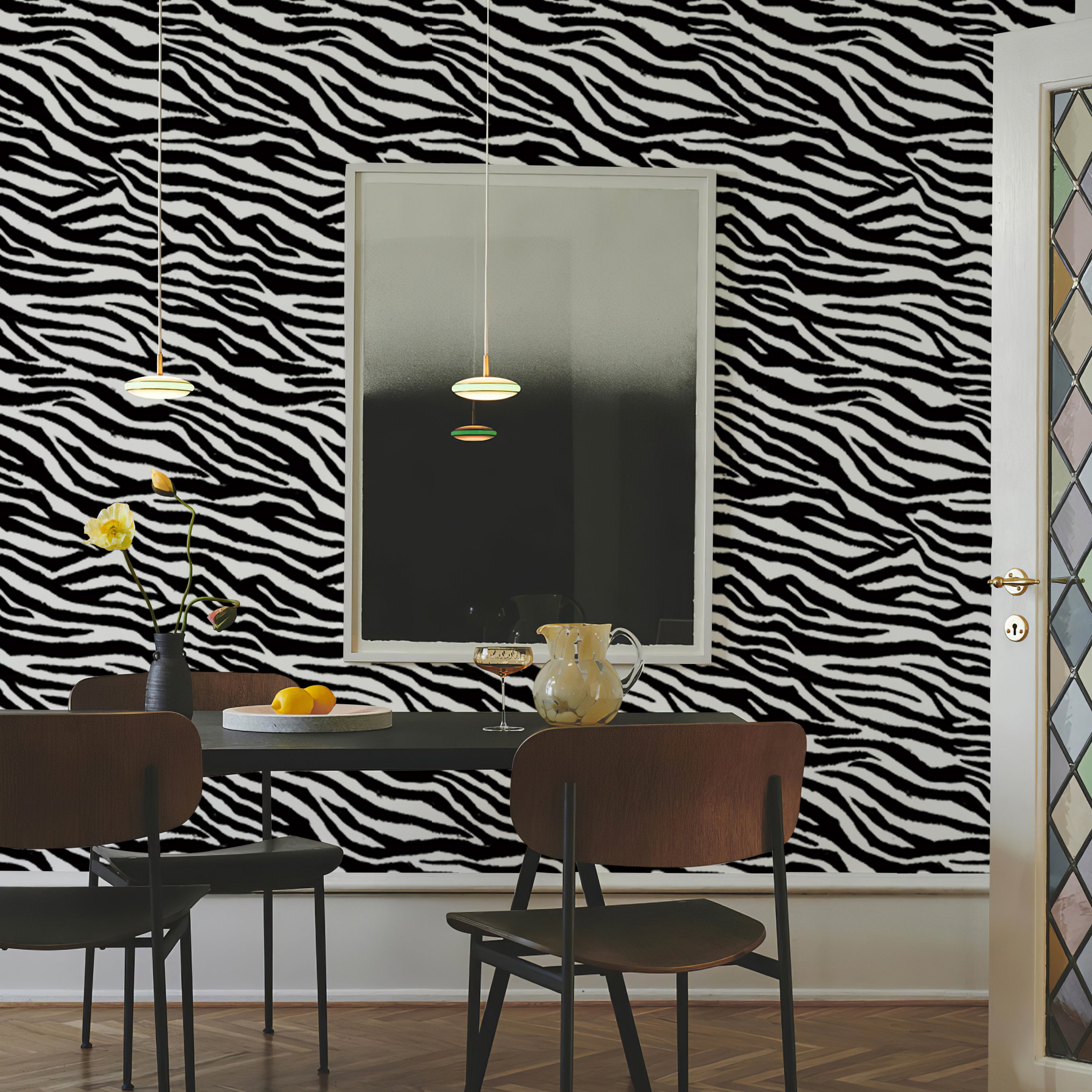 Black and white zebra-print self-adhesive wallpaper for living room feature walls.