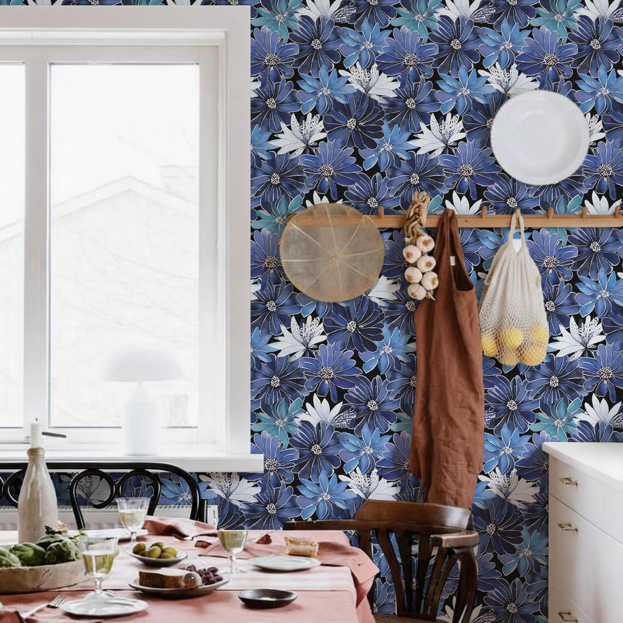 Blue enamel watercolor flowers Peel and Stick Wallpaper