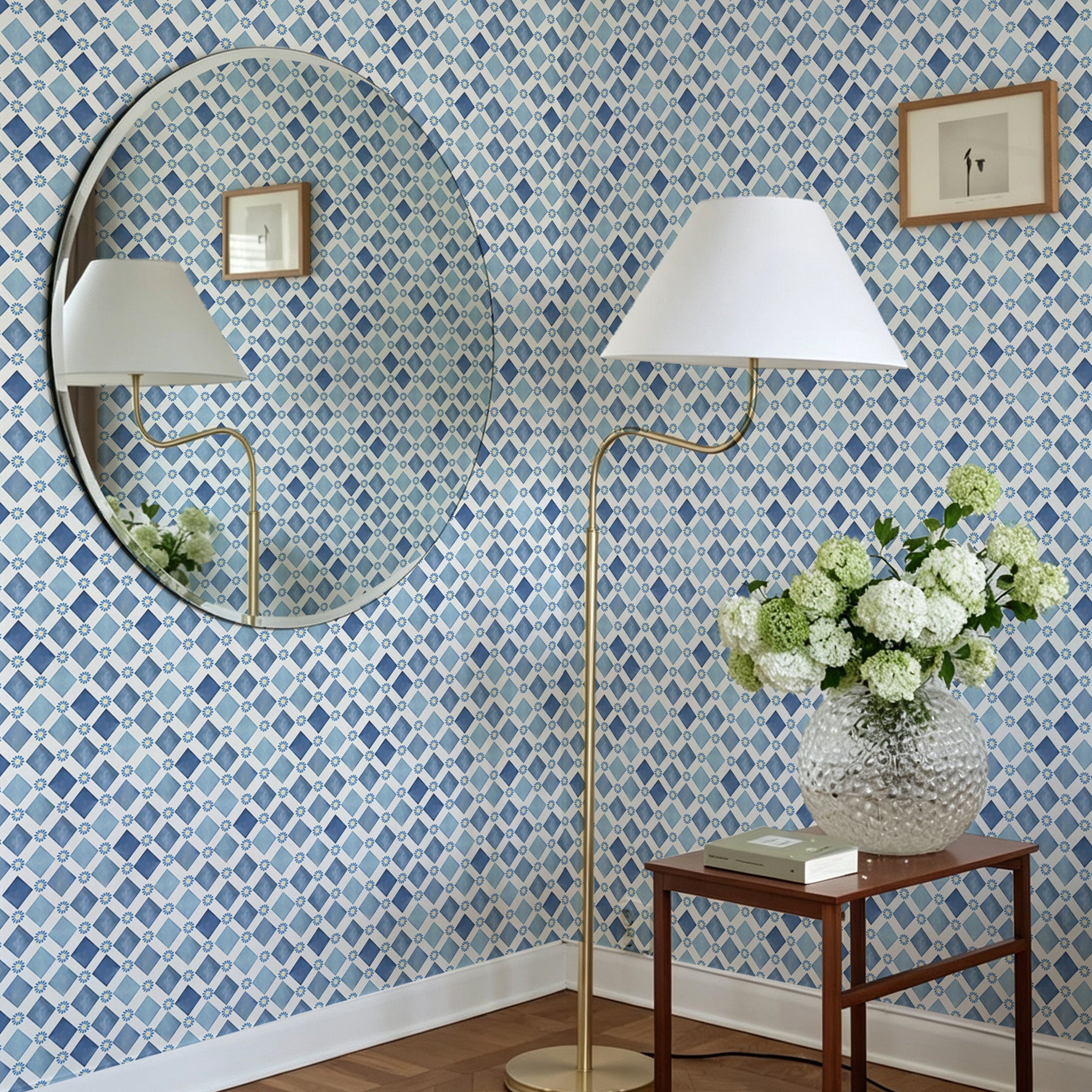 Retro blue-and-white diamond pattern Peel and Stick Wallpaper