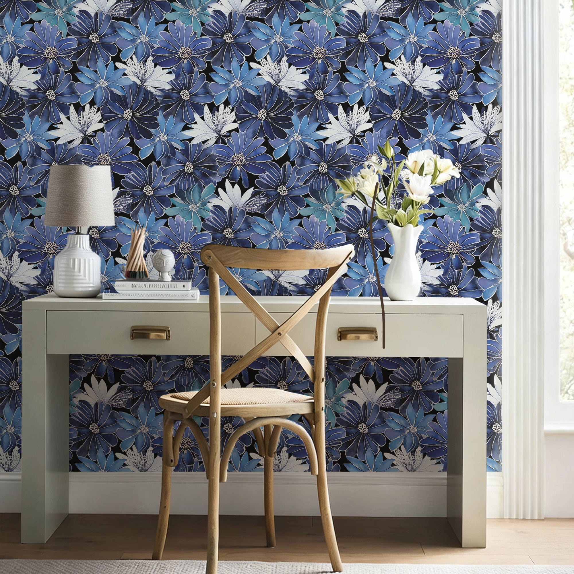 Blue enamel watercolor flowers Peel and Stick Wallpaper