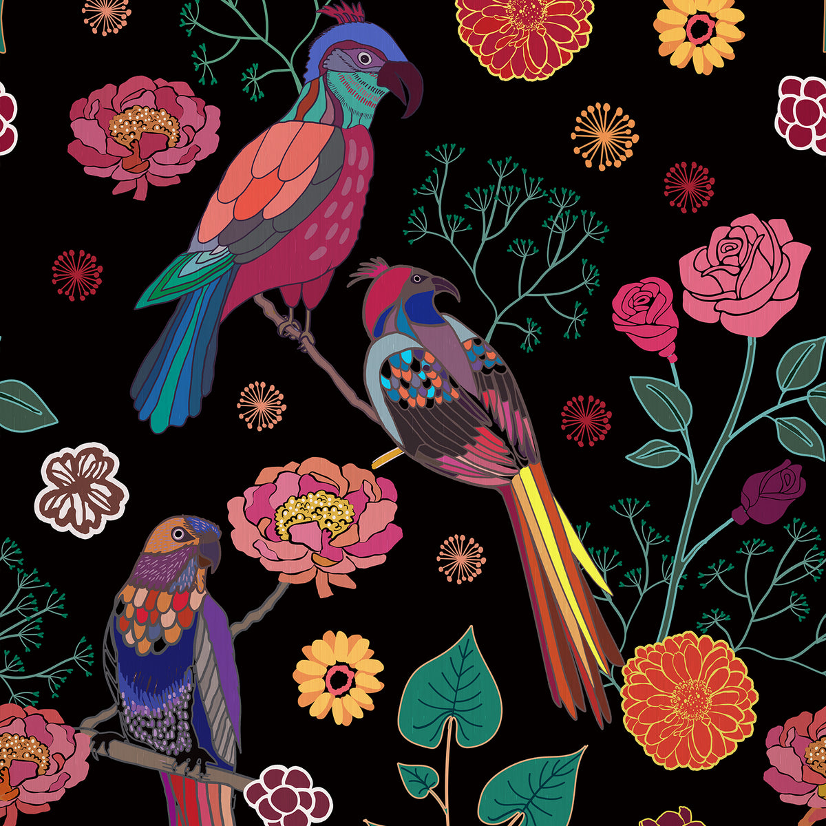 Papier peint pelable et autocollant vintage floral fraises et oiseaux