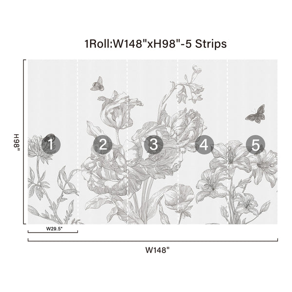 Black & White Line Floral Peel and Stick Wall Mural