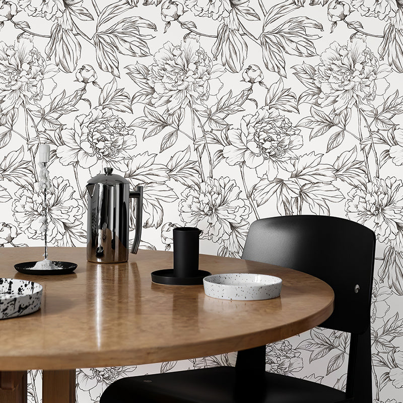 Line Art Peony Sketch Flower Peel and Stick Wallpaper