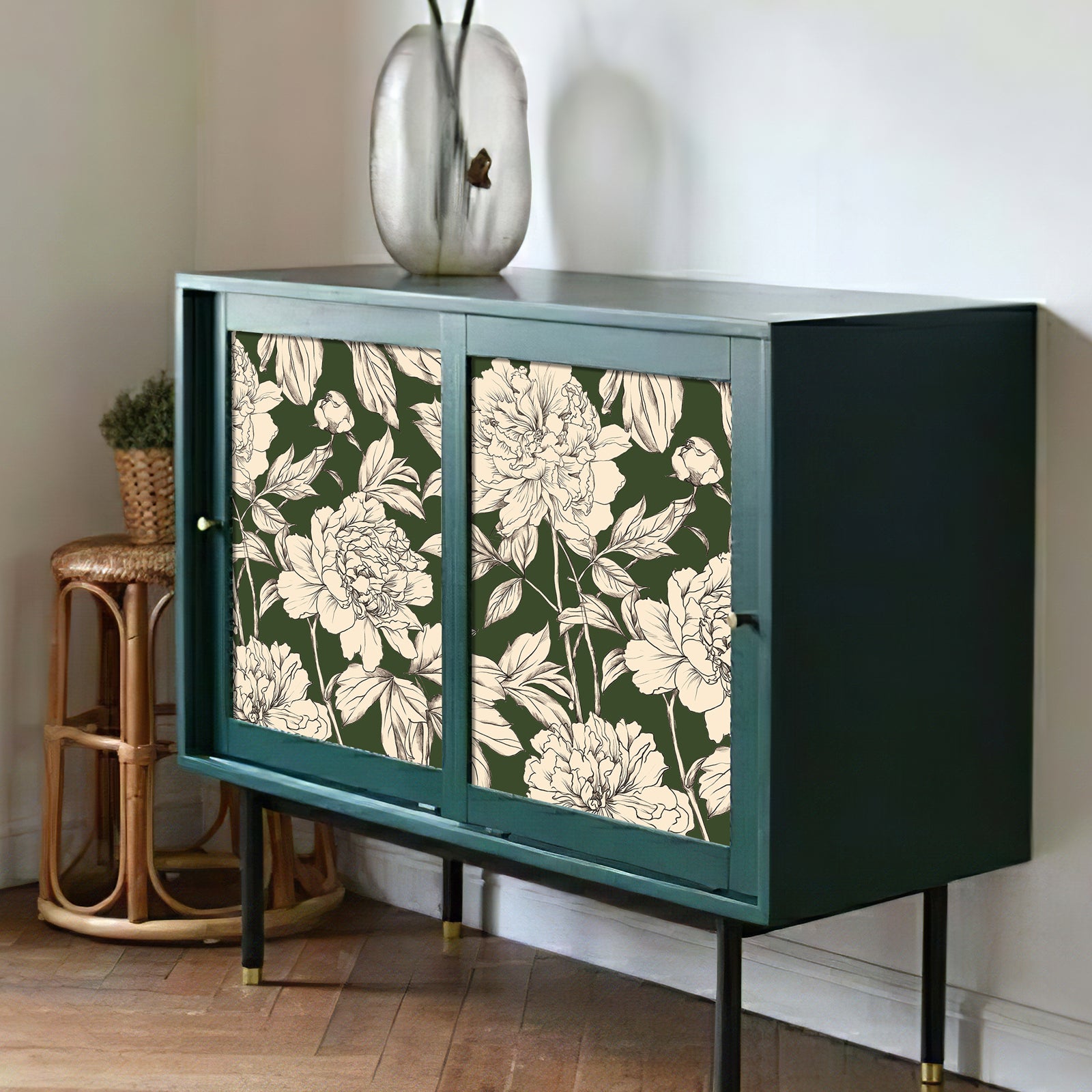A rendering of a cabinet featuring self-adhesive wallpaper with a linear peony floral pattern is displayed.