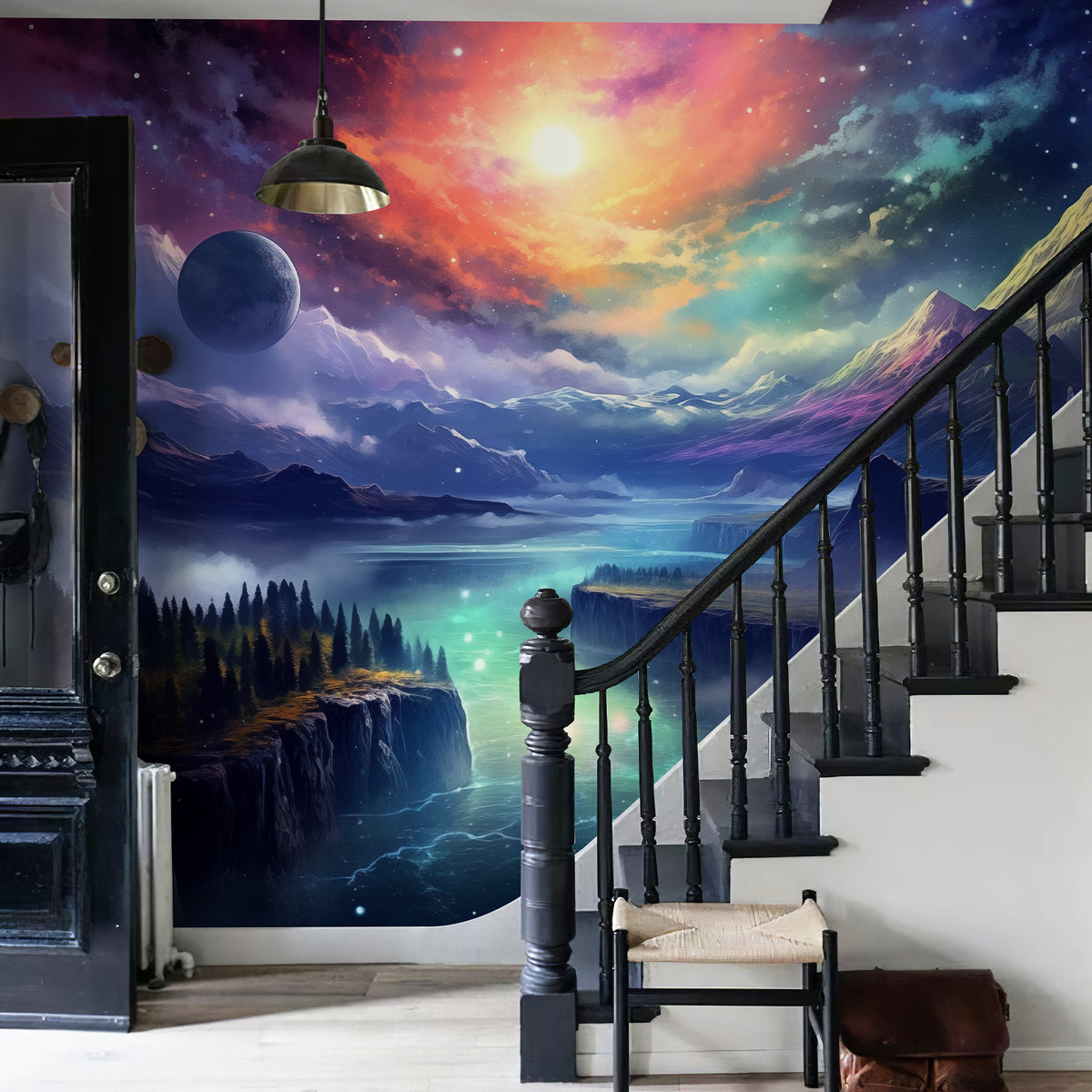 Cosmic galaxy landscape wall mural installed on stairwell & entryway wall. The epic wide‑view space scenery turns your hallway into a magical outer‑space passage.