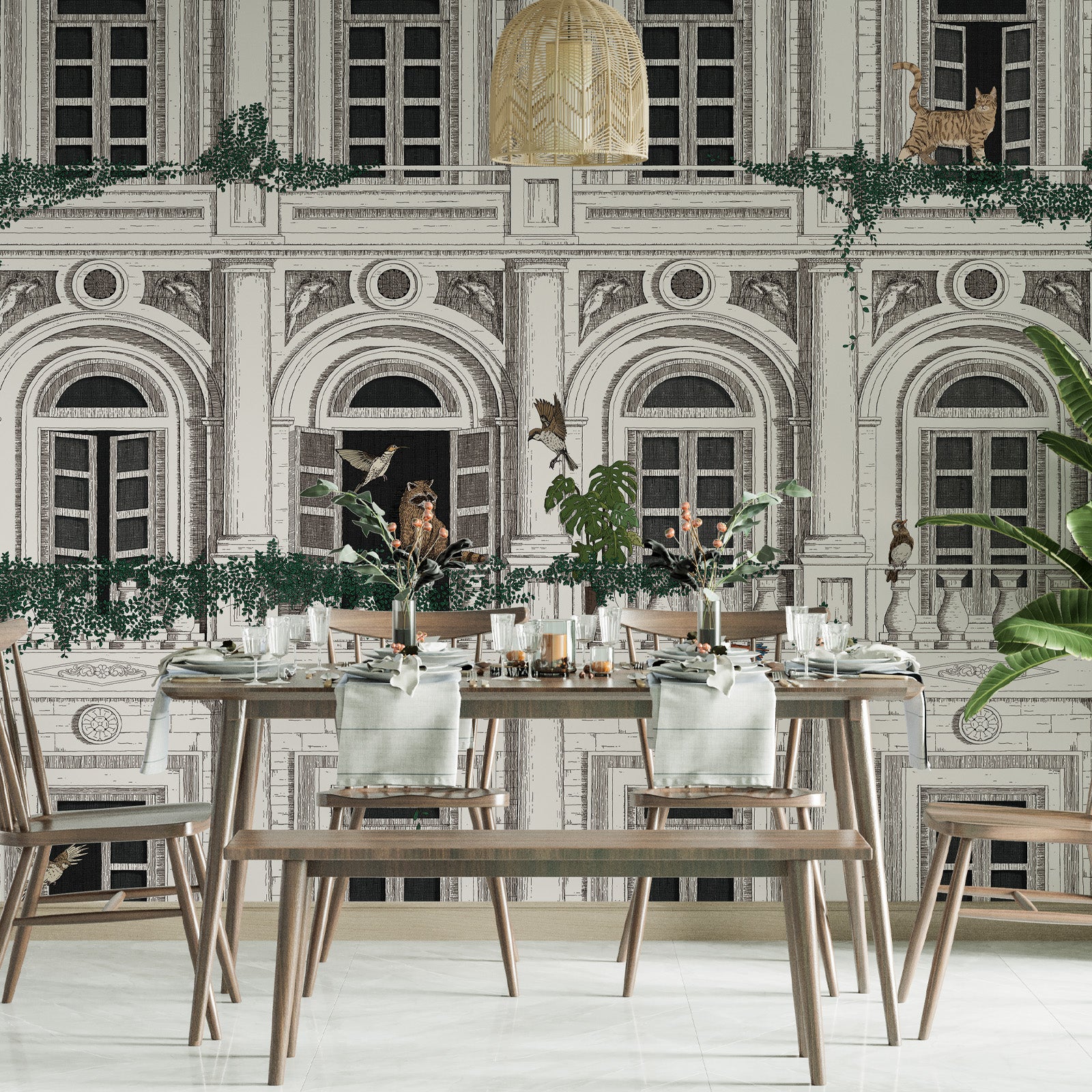 Classical Building with Plants and Animals Peel and Stick Wall Mural