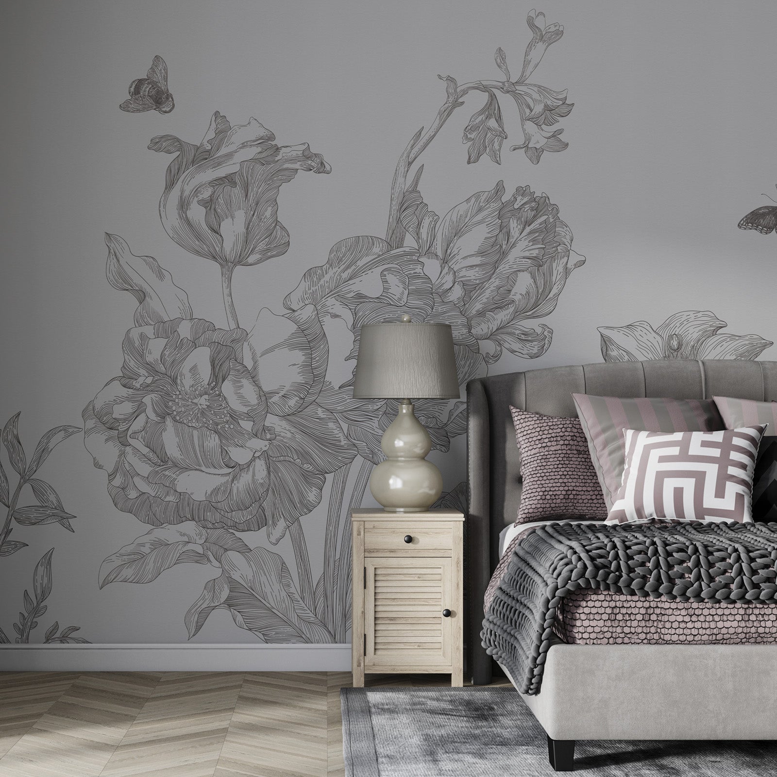 Black & White Line Floral Peel and Stick Wall Mural