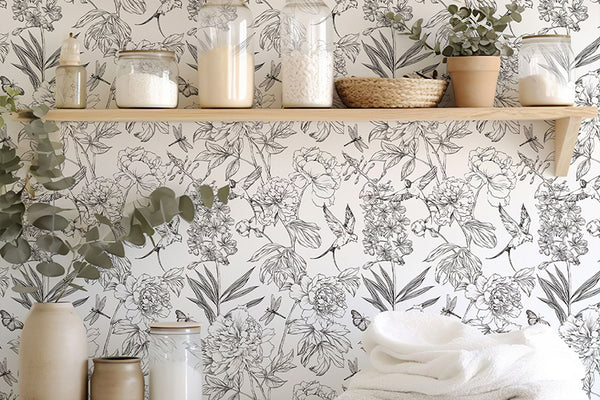 Sketched Peony Floral Wallpaper