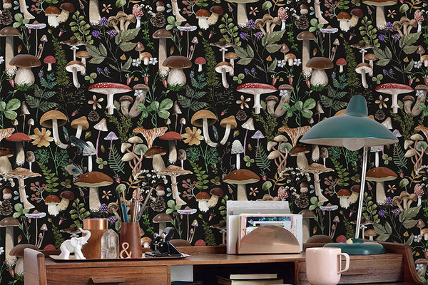 Boho Leaf Forest Mushroom Wallpaper