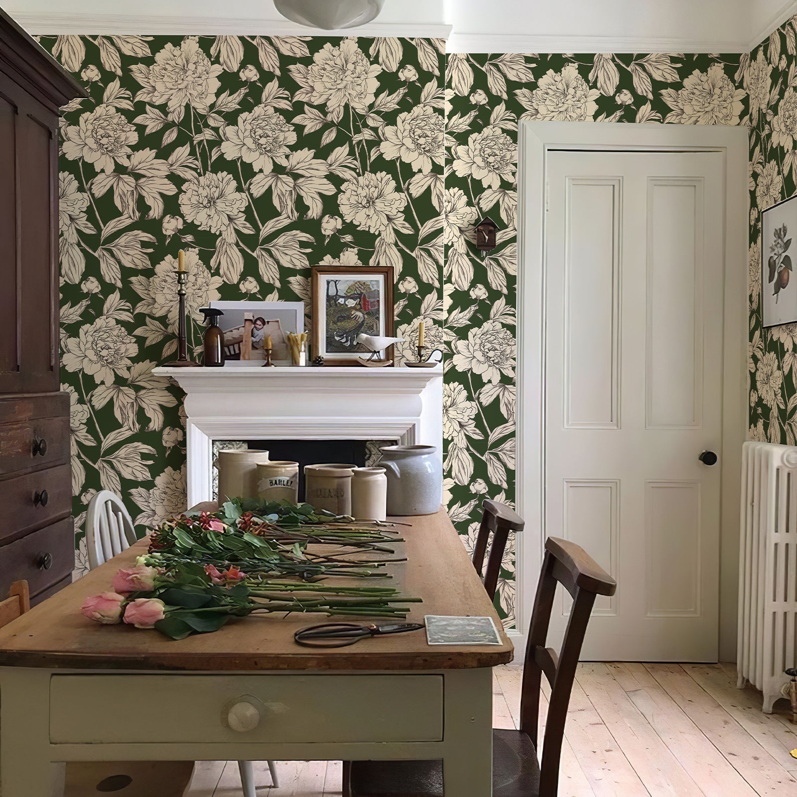 Green Floral Line Botanical Peel and Stick Wallpaper