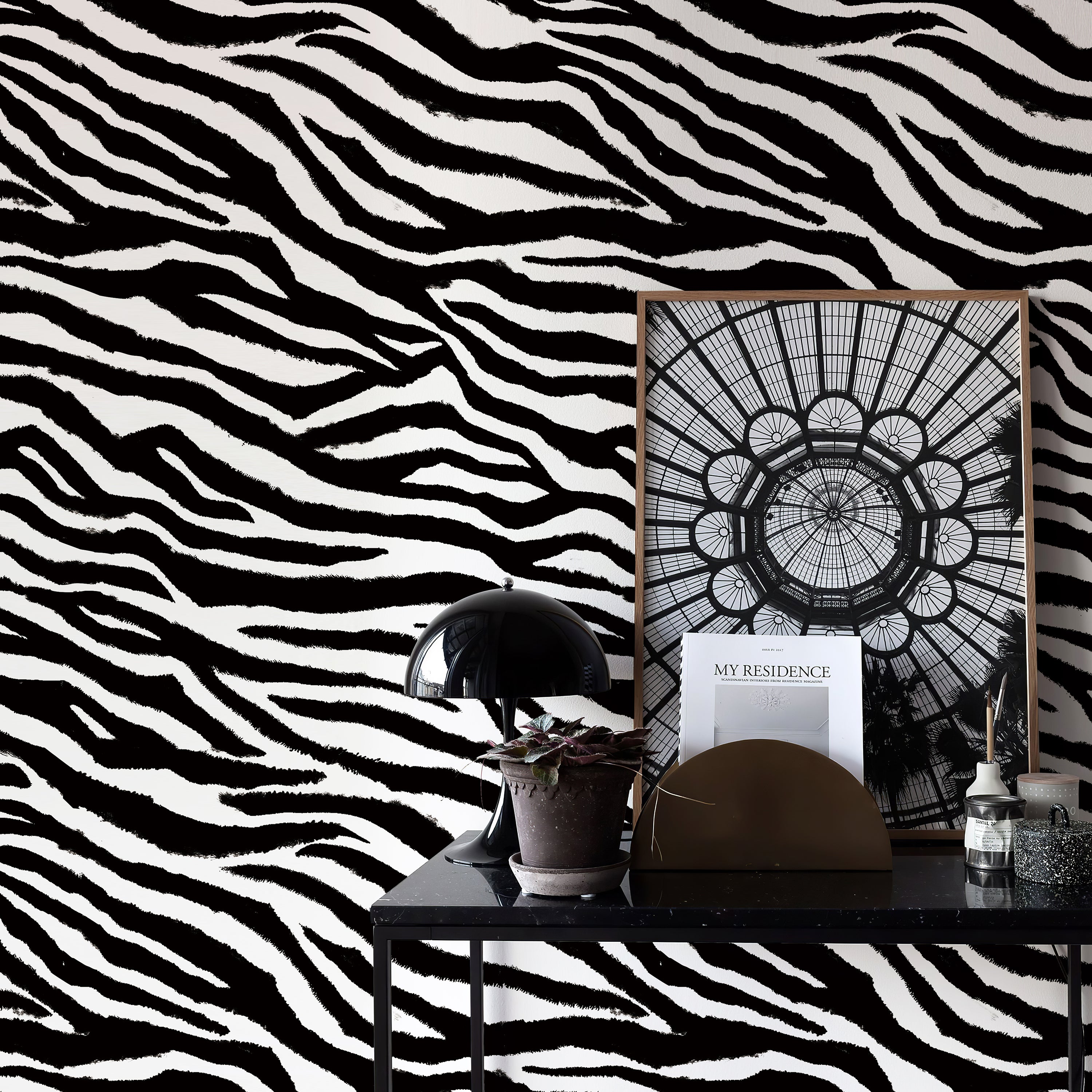 Black and white zebra-print self-adhesive wallpaper for living room feature walls.