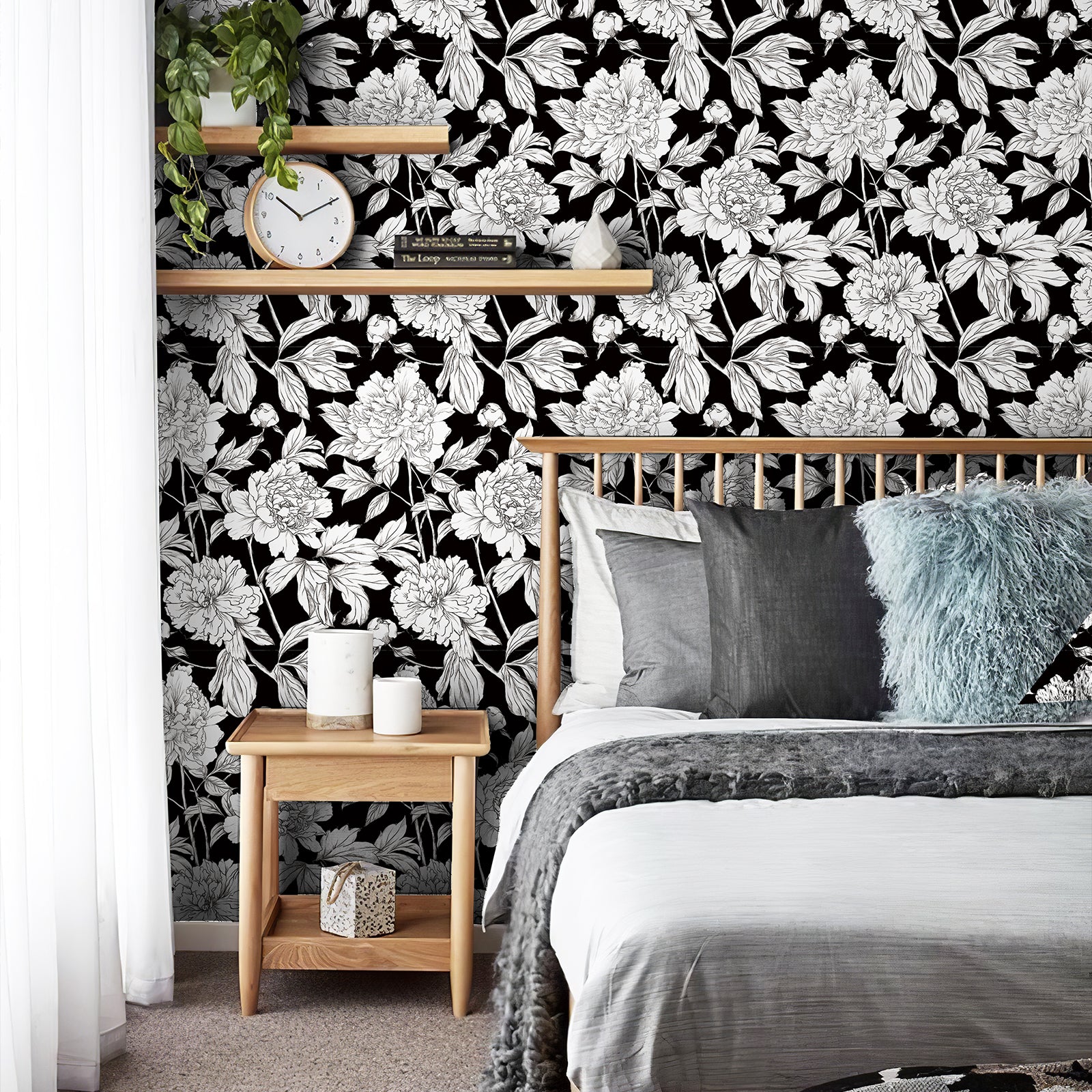 Green Floral Line Botanical Peel and Stick Wallpaper