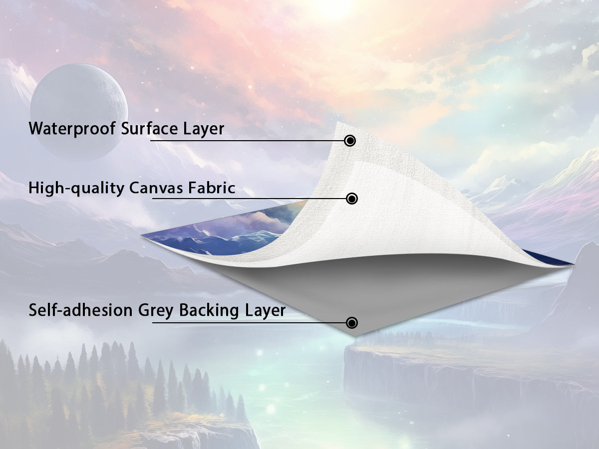 Structural layer diagram of self‑adhesive mural: Waterproof Surface Layer, High‑quality Canvas Fabric, Self‑adhesion Grey Backing Layer. The self‑stick backing makes installation quick and simple.