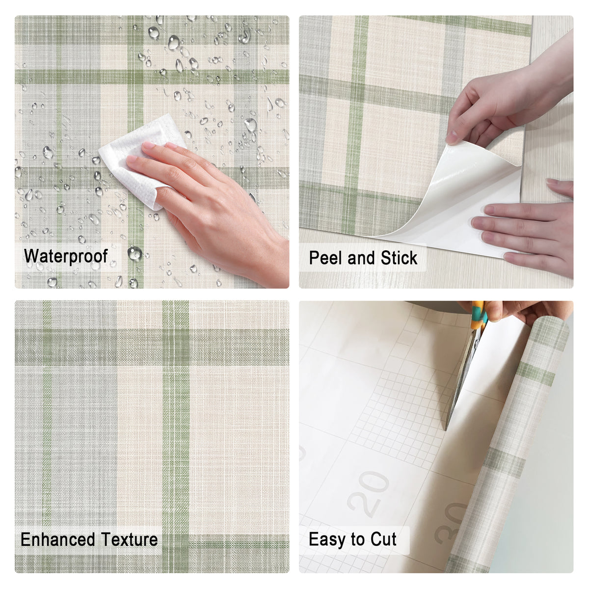Sage Cream Woven Plaid Cottage Peel and Stick Wallpaper