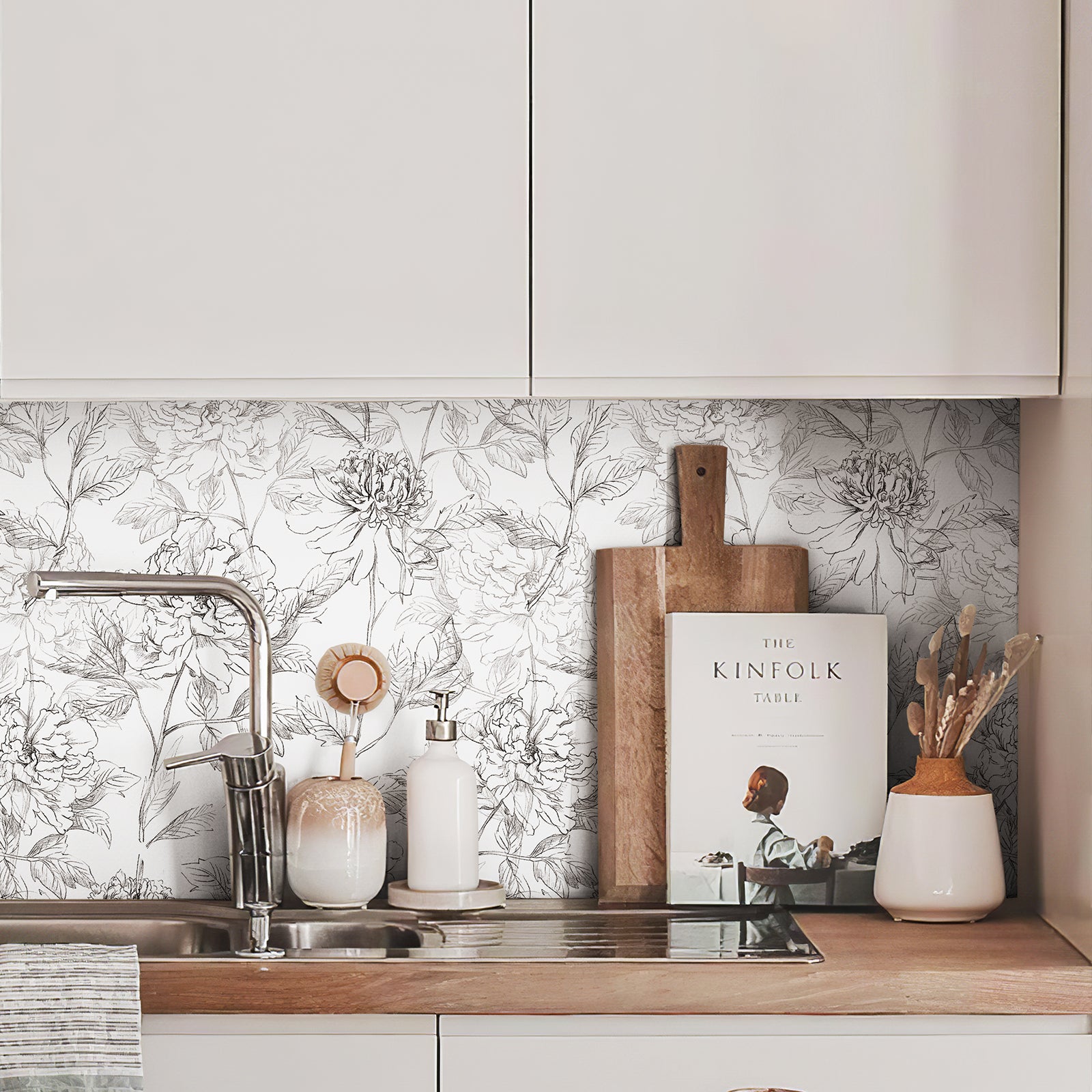 Flow of Years Sketch Peony Peel and Stick Wallpaper
