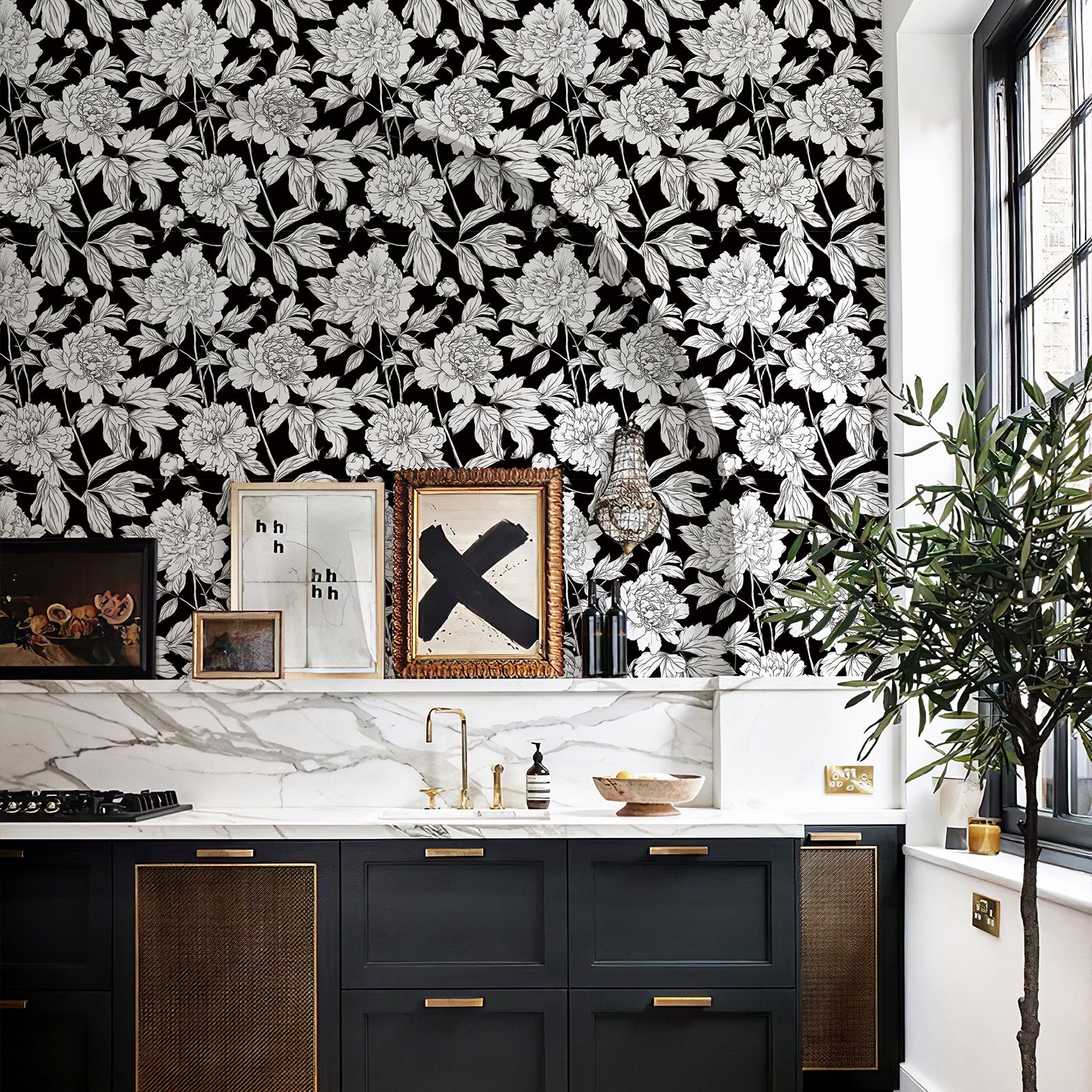 Green Floral Line Botanical Peel and Stick Wallpaper