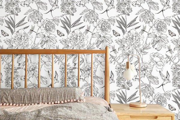 Sketched Peony Floral Wallpaper