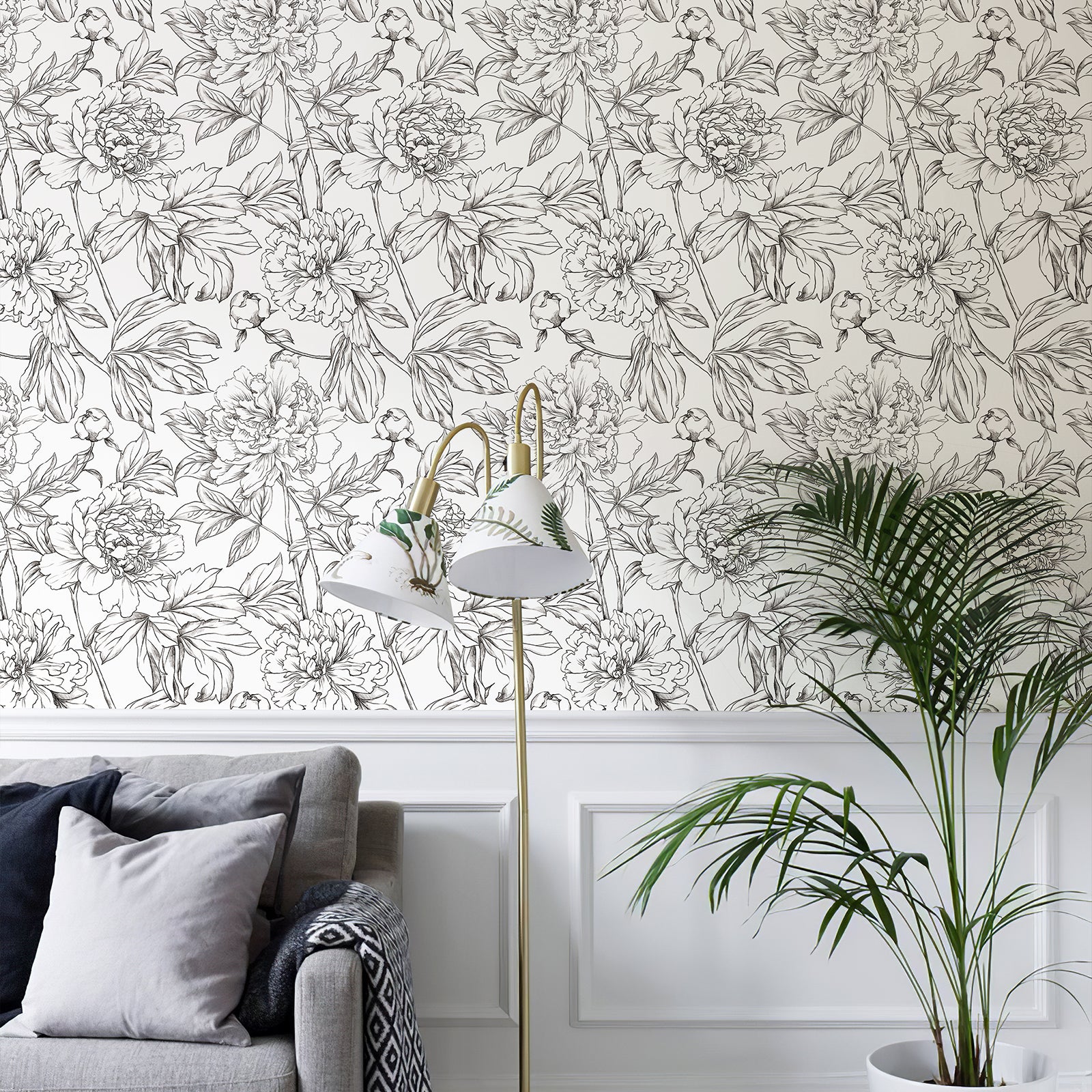 Green Floral Line Botanical Peel and Stick Wallpaper