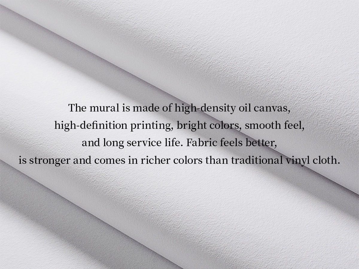 Material introduction graphic. This wall mural adopts high‑density oil canvas fabric, features high‑definition print, vivid bright colors, soft smooth touch and long service life. Canvas outperforms traditional vinyl wallpaper on durability and color performance.