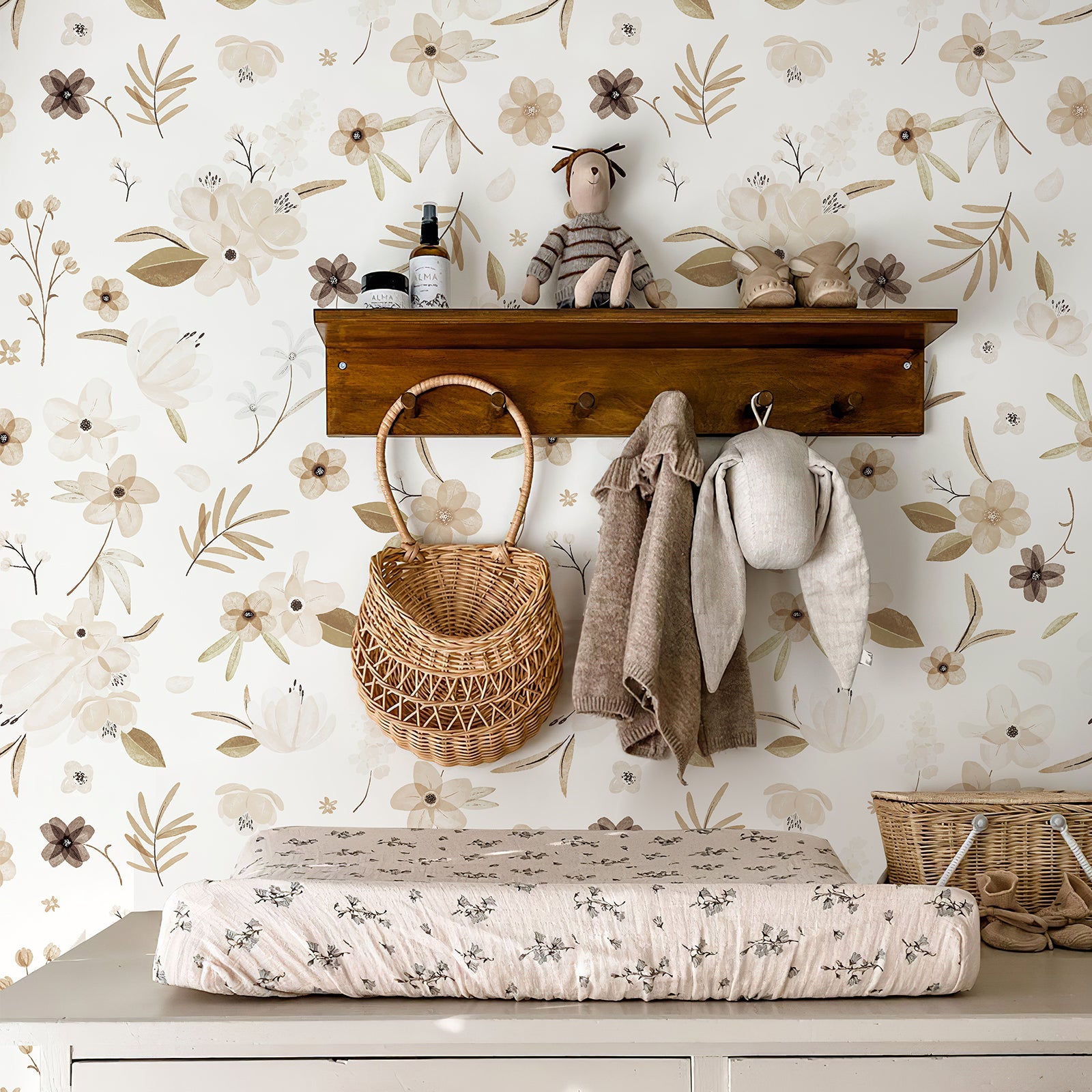 Gray Flower Branch and Leaf Wallpaper