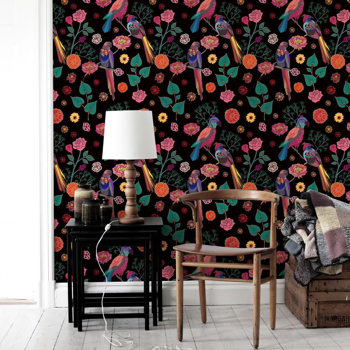 Papier peint pelable et autocollant vintage floral fraises et oiseaux